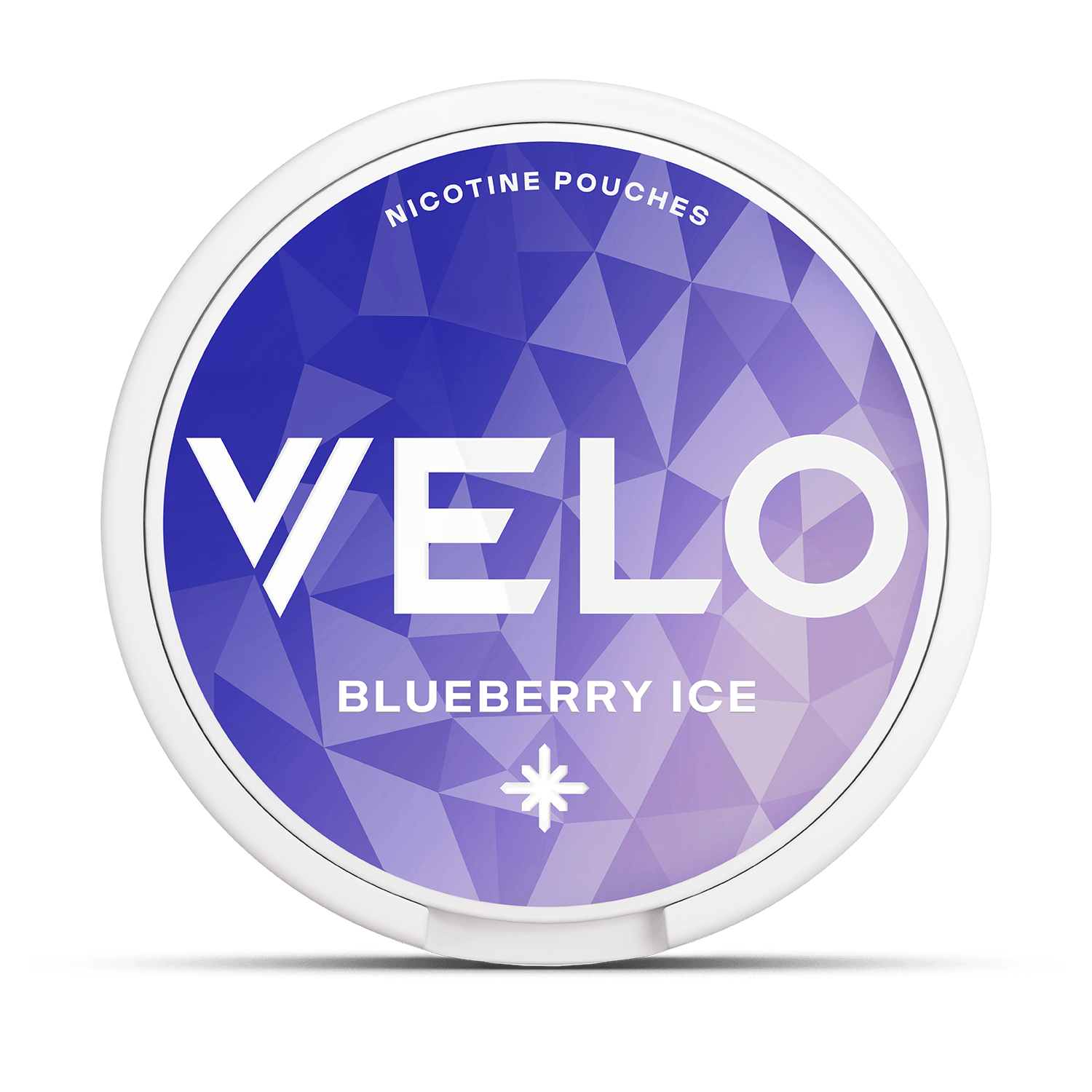 Un envase redondo VELO etiquetado como "Blueberry Ice" presenta un diseño geométrico azul y morado y ofrece una refrescante experiencia de nicotina con intenso sabor a arándanos.