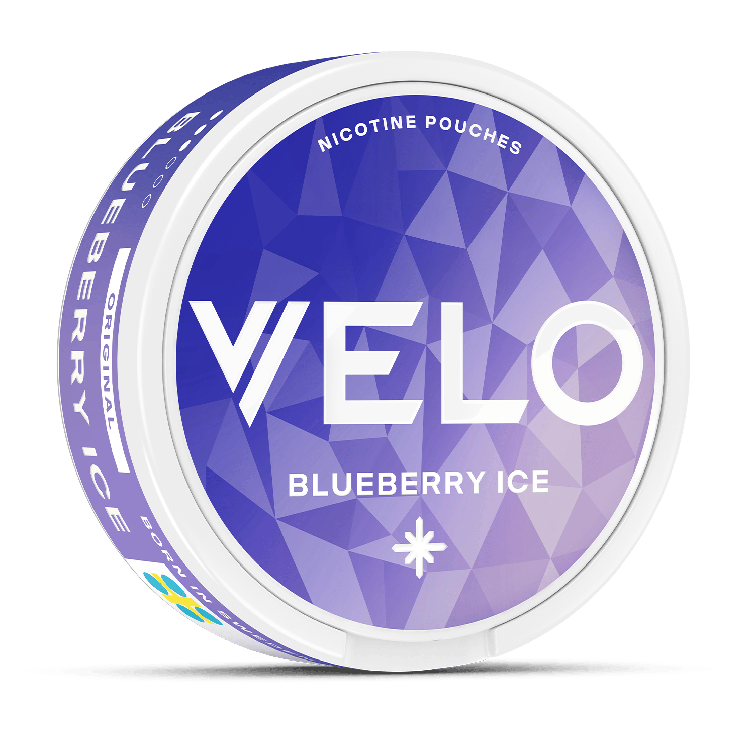 Un envase redondo con un diseño geométrico azul y morado etiquetado VELO Blueberry Ice, ofrece una experiencia de nicotina con sabor a arándanos. "VELO" se muestra en grandes letras blancas en la tapa.
