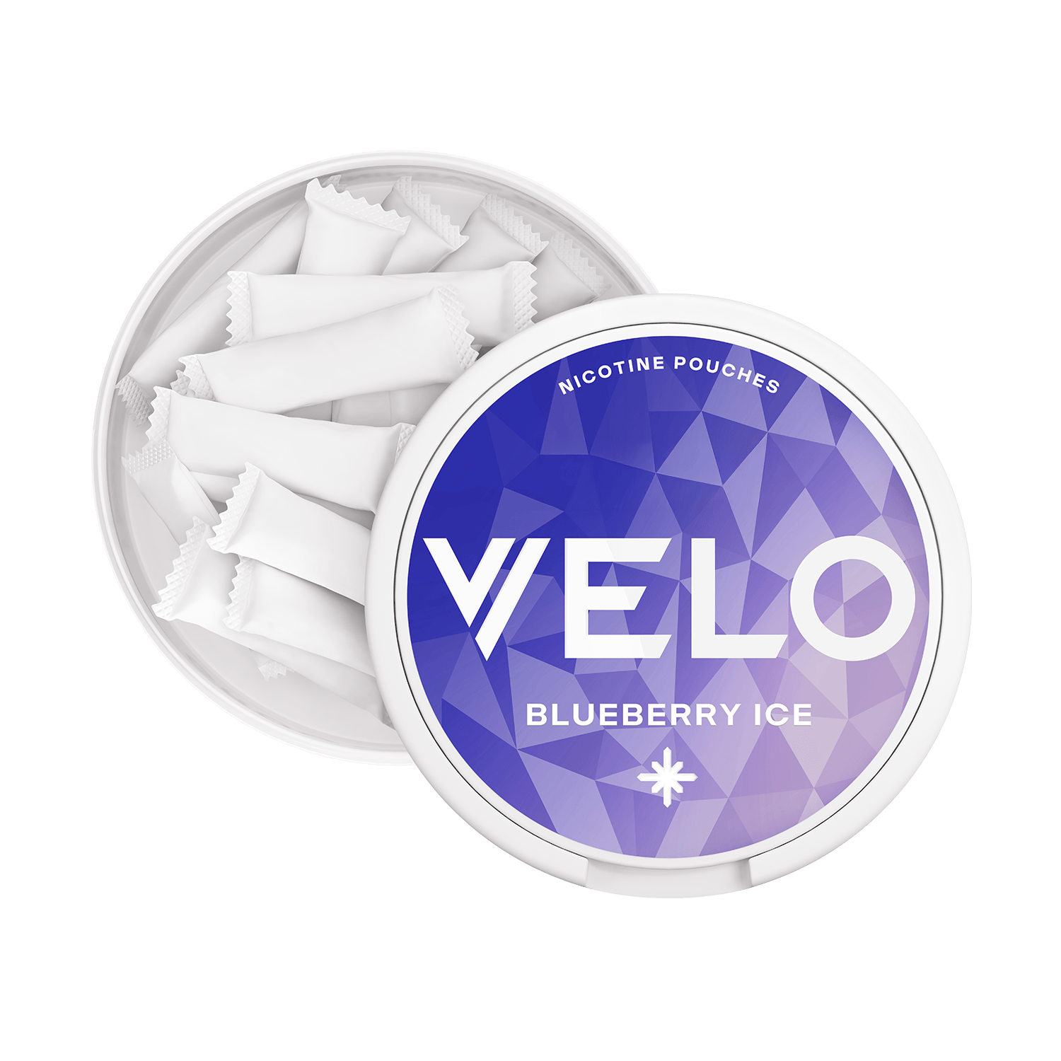 Un envase redondo blanco VELO Blueberry Ice con tapa geométrica azul y morada, parcialmente abierto para revelar pequeñas bolsitas blancas. Disfruta una experiencia refrescante de nicotina con sabor a arándano.