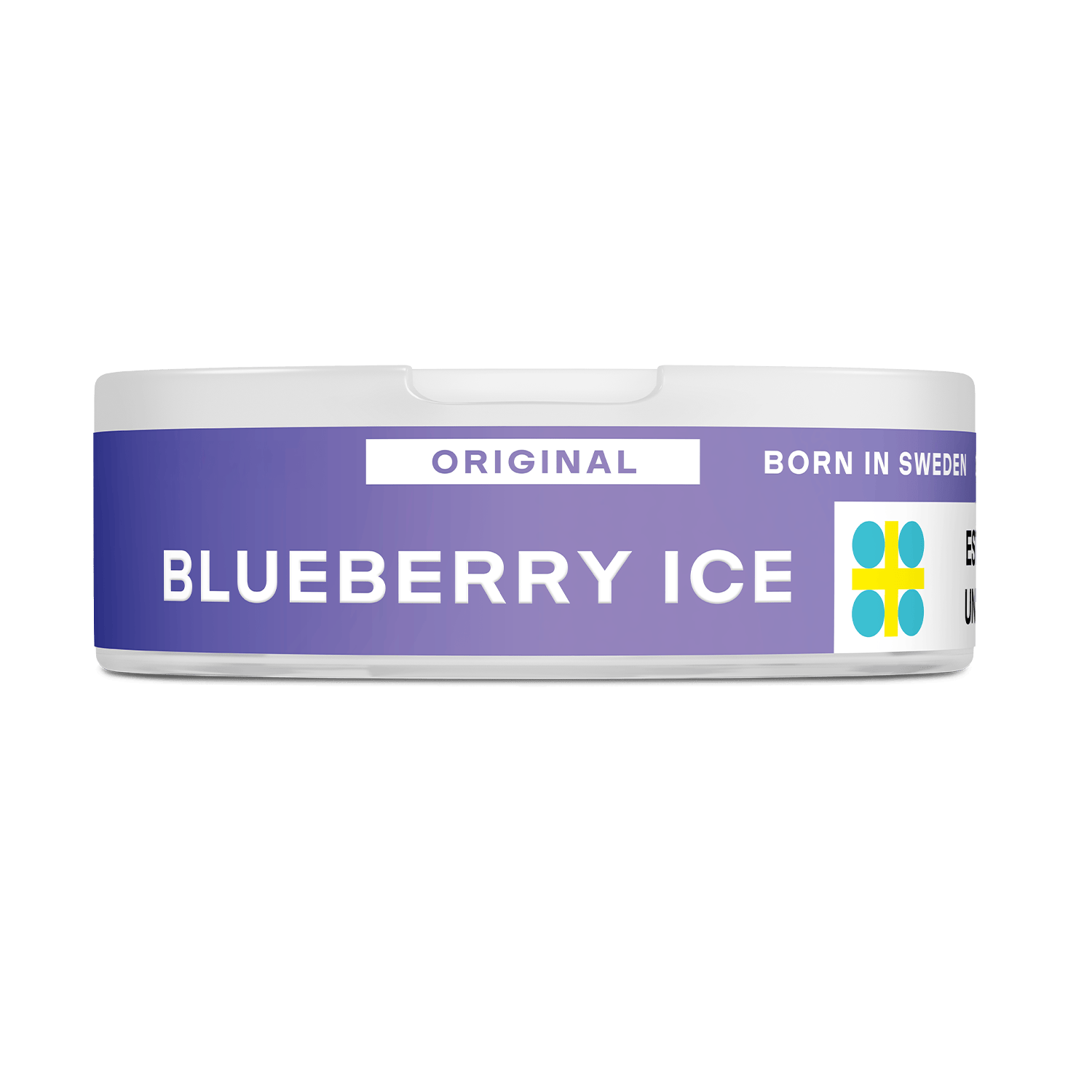 Lata redonda blanca con una etiqueta morada en la que se lee VELO Blueberry Ice, sabor a arándano, experiencia de nicotina, texto BORN IN SWEDEN y un pequeño logotipo amarillo y azul en el lateral derecho.