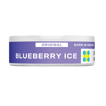 Lata redonda blanca con una etiqueta morada en la que se lee VELO Blueberry Ice, sabor a arándano, experiencia de nicotina, texto BORN IN SWEDEN y un pequeño logotipo amarillo y azul en el lateral derecho.