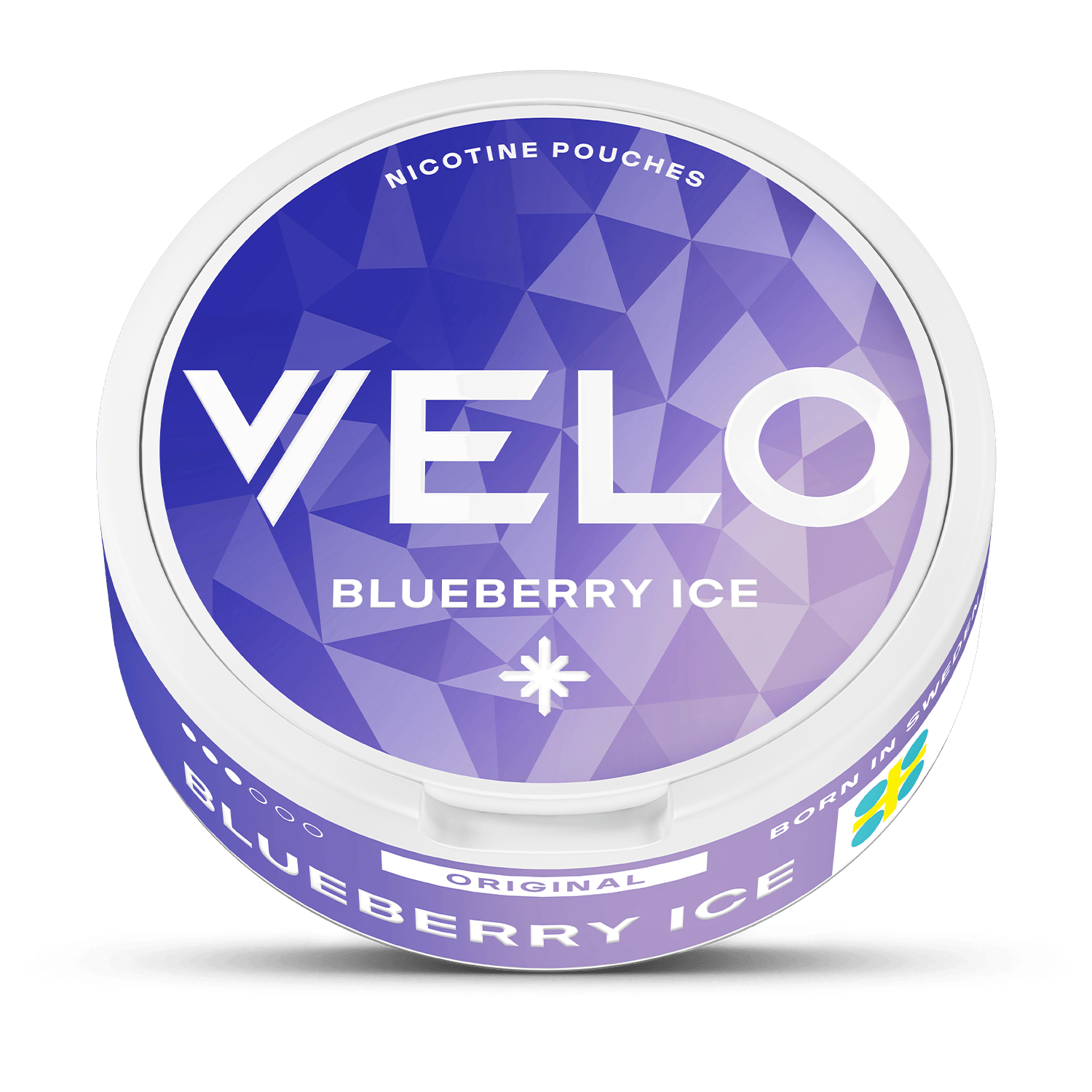 Un envase redondo blanco VELO Blueberry Ice con tapa geométrica de color púrpura-lavanda, texto "Nicotine Pouches" y "Original", además de una bandera sueca-perfecto para una experiencia de nicotina con sabor a arándano.