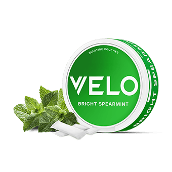 Un envase redondo de VELO Bright Spearmint, con una etiqueta verde y blanca, se sitúa junto a hojas de menta fresca y dos bolsitas blancas -todo ello elaborado con ingredientes vegetales- sobre un fondo blanco limpio.