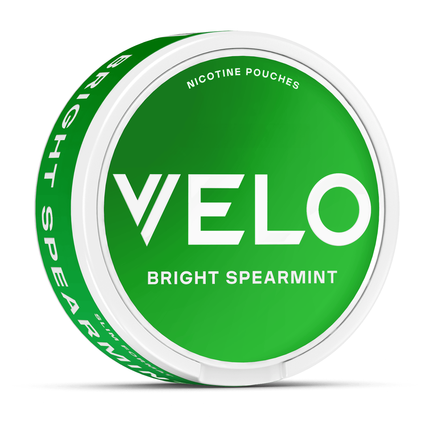 Sobre fondo blanco se muestra un envase redondo verde Bright Spearmint de VELO con "Nicotina mentolada" sobre el nombre de la marca y los ingredientes de origen vegetal resaltados.