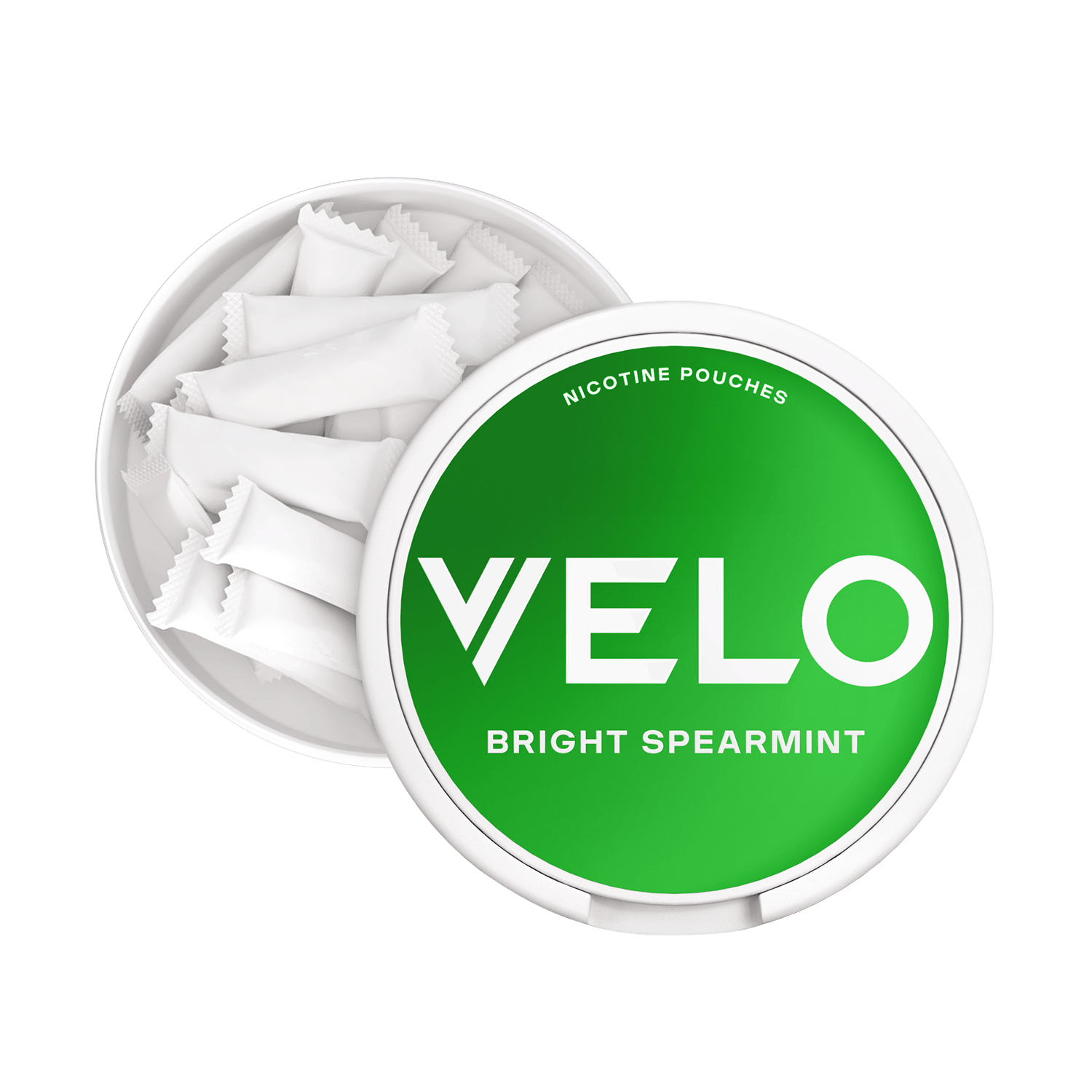 Envase redondo blanco de VELO Bright Spearmint con tapa verde, parcialmente abierto para mostrar varias bolsitas blancas en su interior. En la tapa aparece el texto "VELO BRIGHT SPEARMINT menta verde.