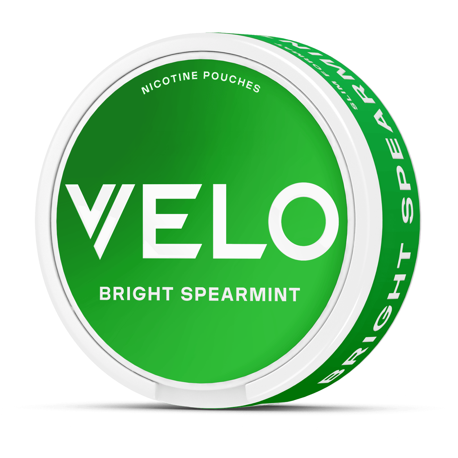 Un envase VELO redondo, verde y blanco, etiquetado con Bright Spearmint Nicotine Pouches en texto blanco y en negrita, con "menta verde" e "ingredientes de origen vegetal", y Bright Spearmint también escrito en el lateral.
