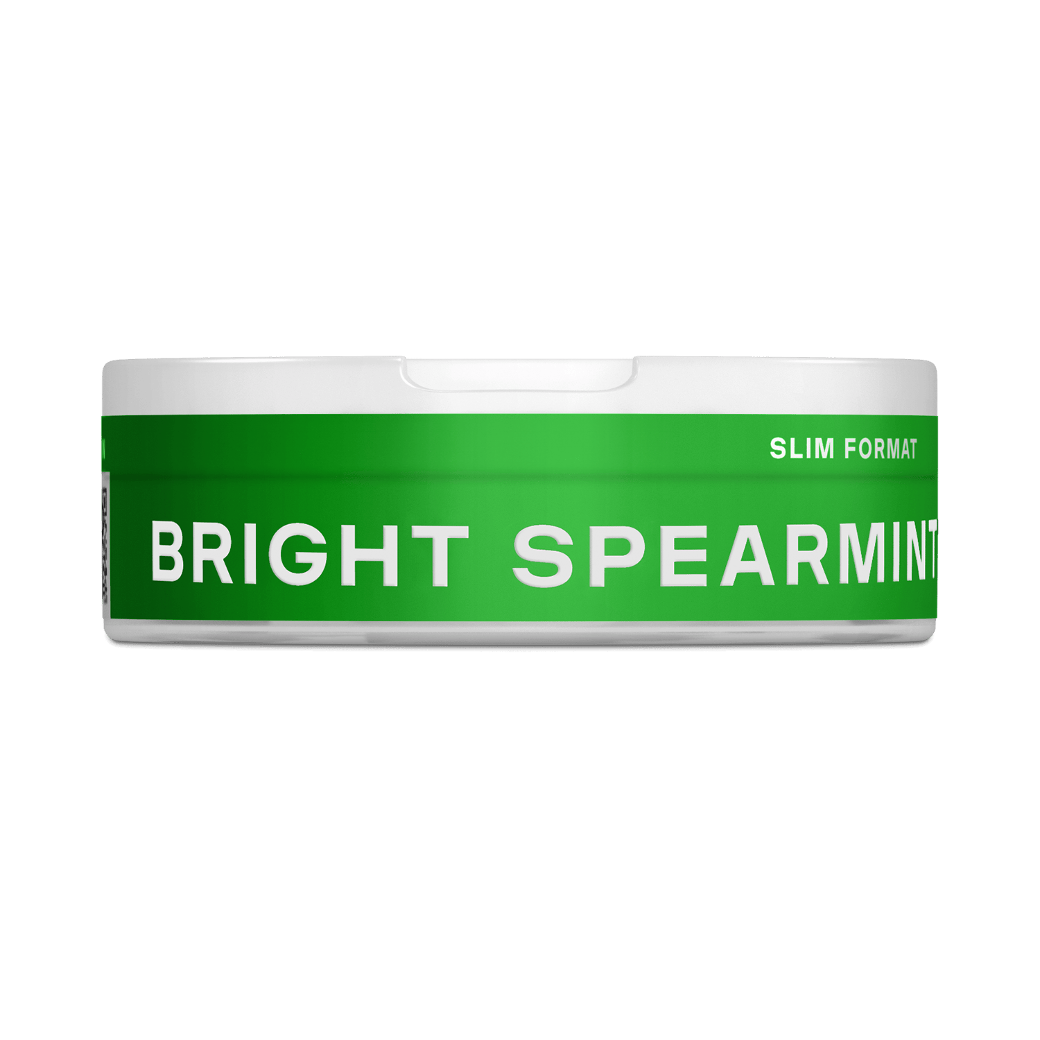 Un envase redondo VELO verde y blanco con la etiqueta "BRIGHT SPEARMINT" en letras blancas y en negrita, con menta verde y nicotina mentolada, y "SLIM FORMAT" en texto más pequeño a la derecha.