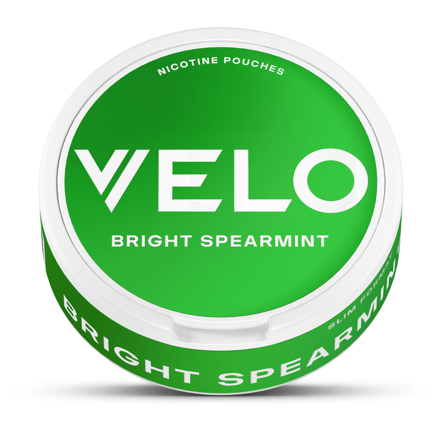 Un envase redondo verde VELO Bright Spearmint con letras blancas llamativas, que contiene bolsitas Slim Format de nicotina mentolada elaboradas con ingredientes de origen vegetal.