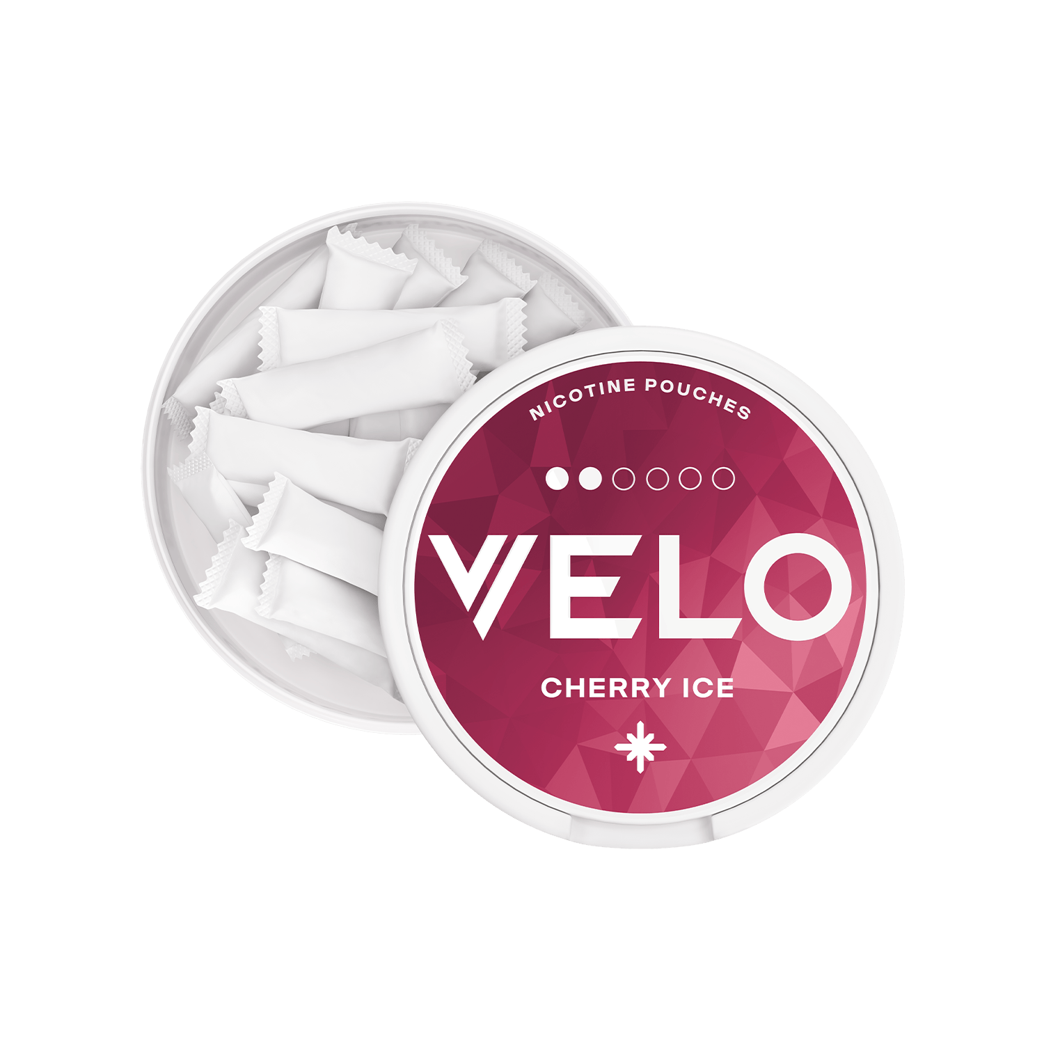 Un envase blanco redondo abierto de sobres de nicotina VELO Cherry Ice revela varios sobres blancos. La tapa rosa y blanca muestra el logotipo de VELO y Cherry Ice, ofreciendo una experiencia de nicotina con notas de cereza y cítricos frescos.