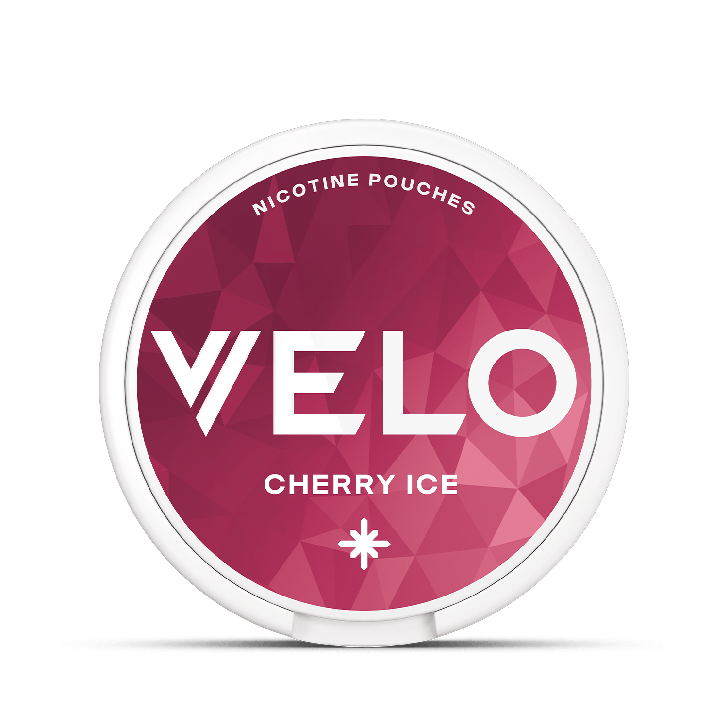 Un envase redondo de bolsitas de nicotina VELO Cherry Ice presenta un diseño geométrico rosa y rojo. La tapa muestra las BOLSITAS DE NICOTINA y VELO CHERRY ICE, ofreciendo una refrescante experiencia de nicotina con notas de cereza.