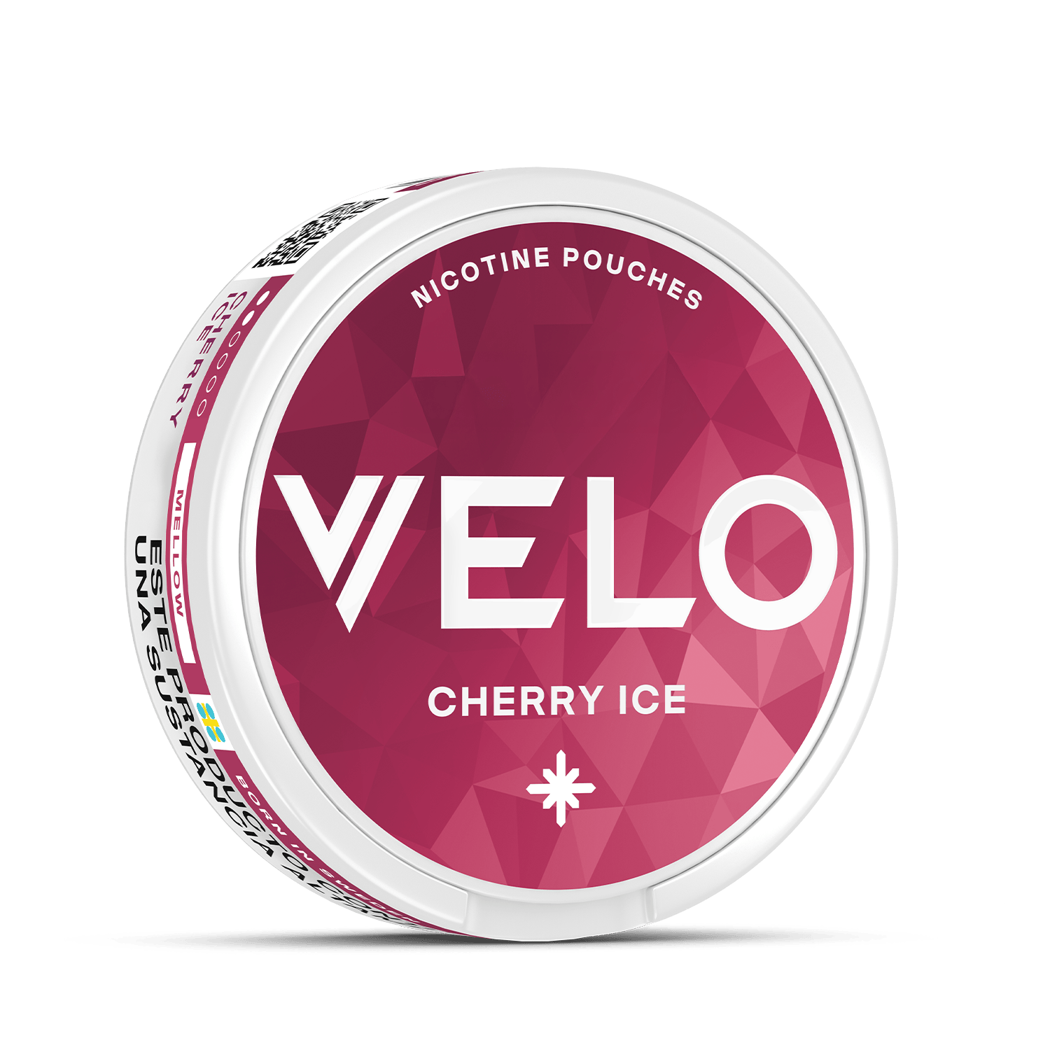 El envase redondo blanco de VELO Cherry Ice se asienta sobre un fondo geométrico rosa, su tapa presenta un texto blanco en negrita y sugiere una refrescante experiencia de nicotina con notas de cereza y cítricos frescos.