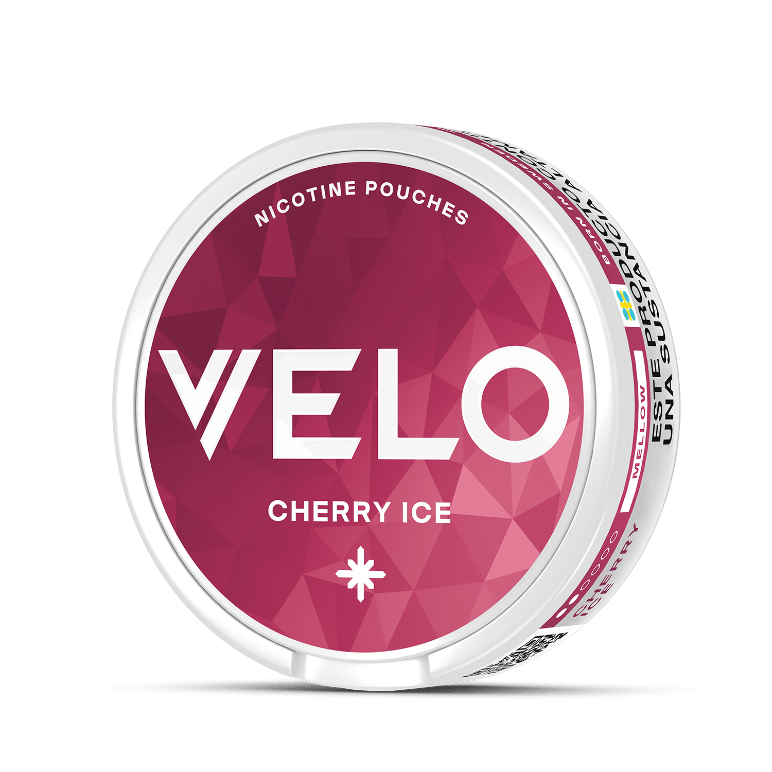 El envase redondo de nicotina VELO Cherry Ice muestra un diseño geométrico rosa y texto blanco, con la tapa en primer plano sobre un fondo blanco liso, sugiriendo una experiencia de nicotina de cereza y cítricos frescos.