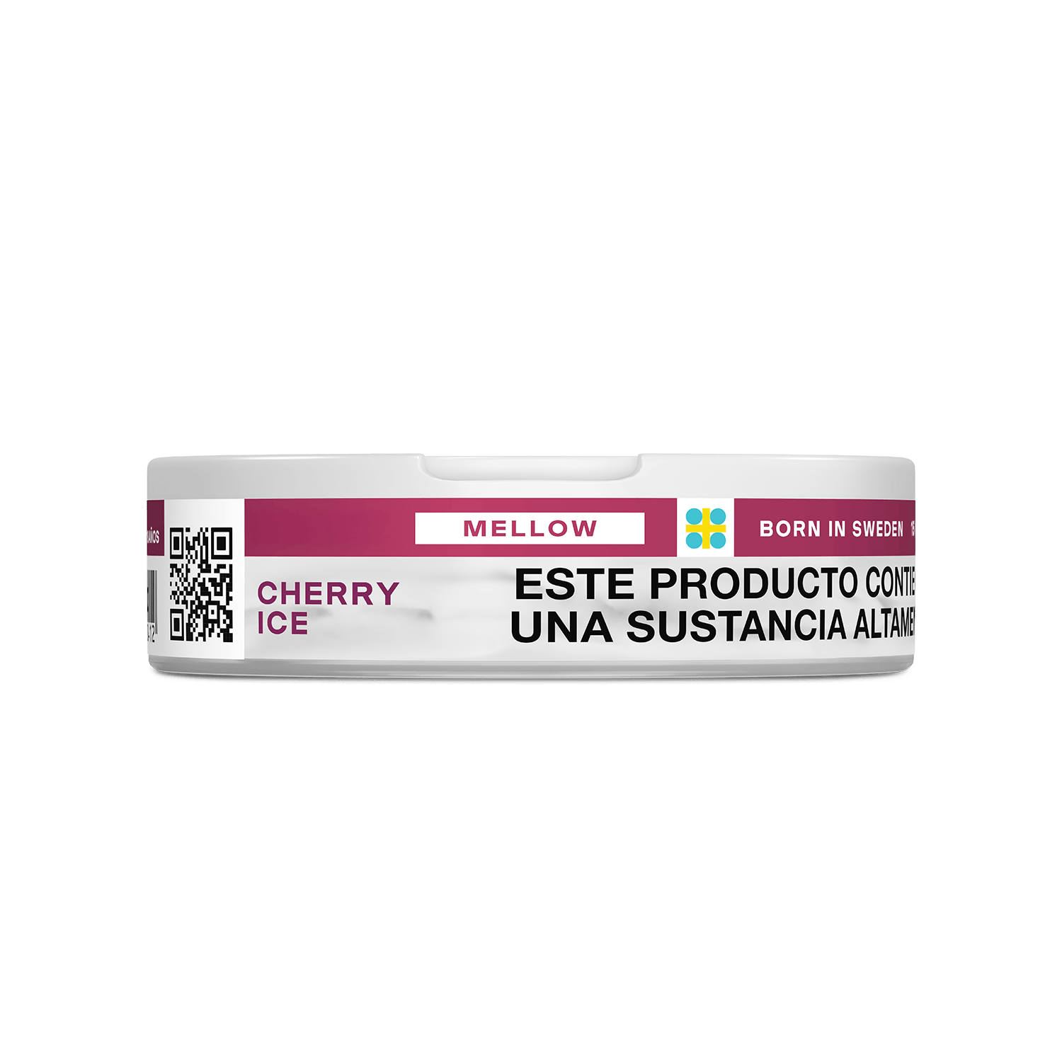 Un envase circular blanco VELO etiquetado Cherry Ice con acento morado y marca MELLOW, con una advertencia en español, destaca experiencia de nicotina y notas de cereza, dice Born in Sweden y muestra un código QR.