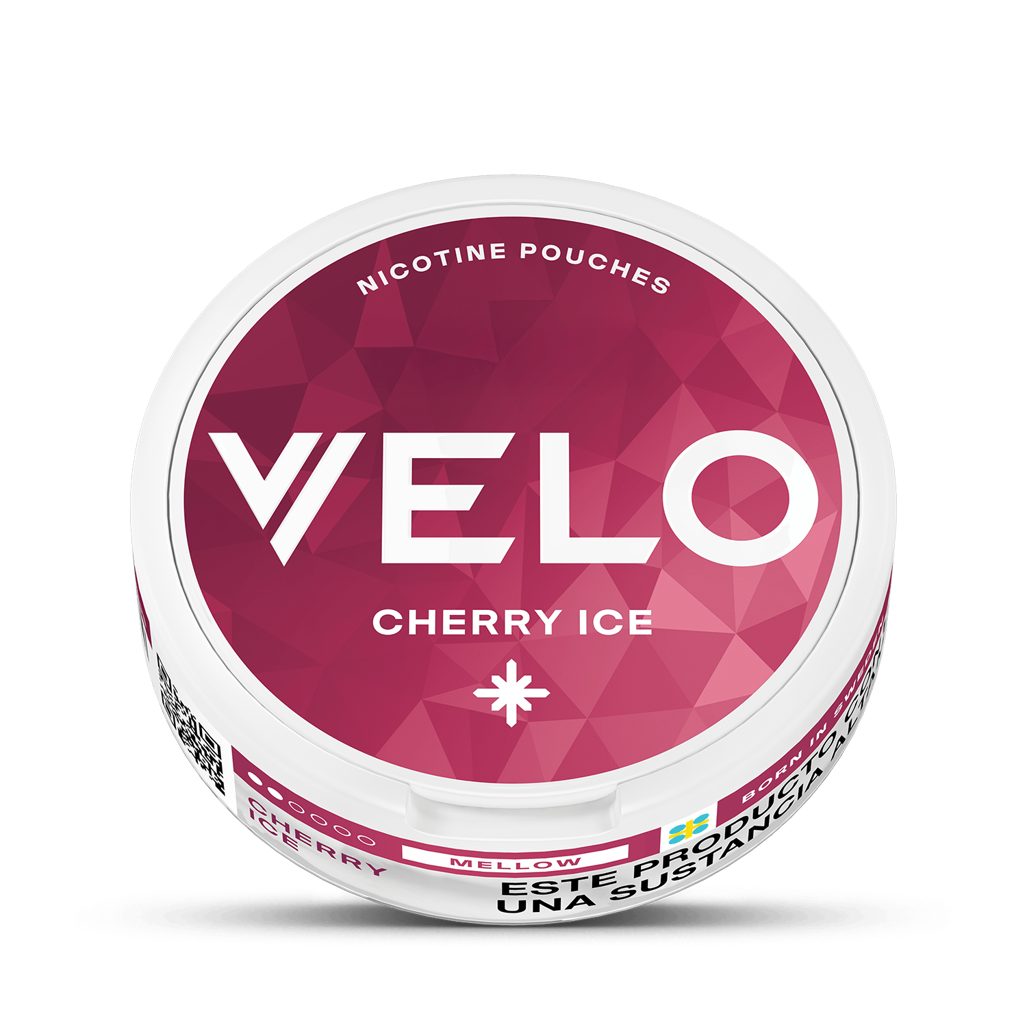 La lata redonda VELO Cherry Ice presenta un diseño geométrico en rosa y blanco. En la etiqueta se puede leer "VELO Cherry Ice Nicotine Pouches", que ofrece una refrescante experiencia de nicotina con notas de cereza y toques de cítricos frescos.