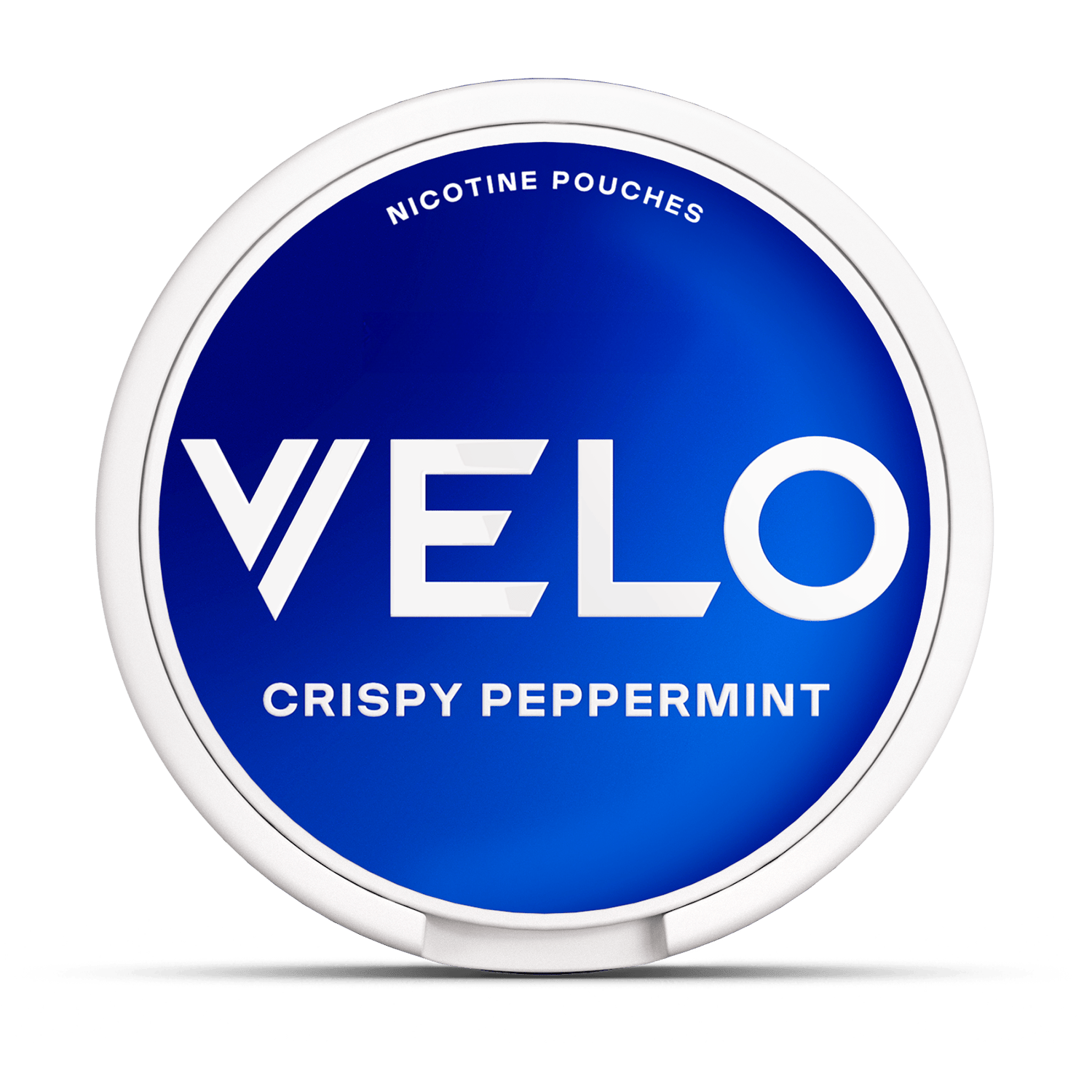 Un envase redondo, blanco y con tapa azul, con la marca VELO y la etiqueta Crispy Peppermint, ofrece ingredientes de alta calidad y nicotina mentolada para una experiencia refrescante.