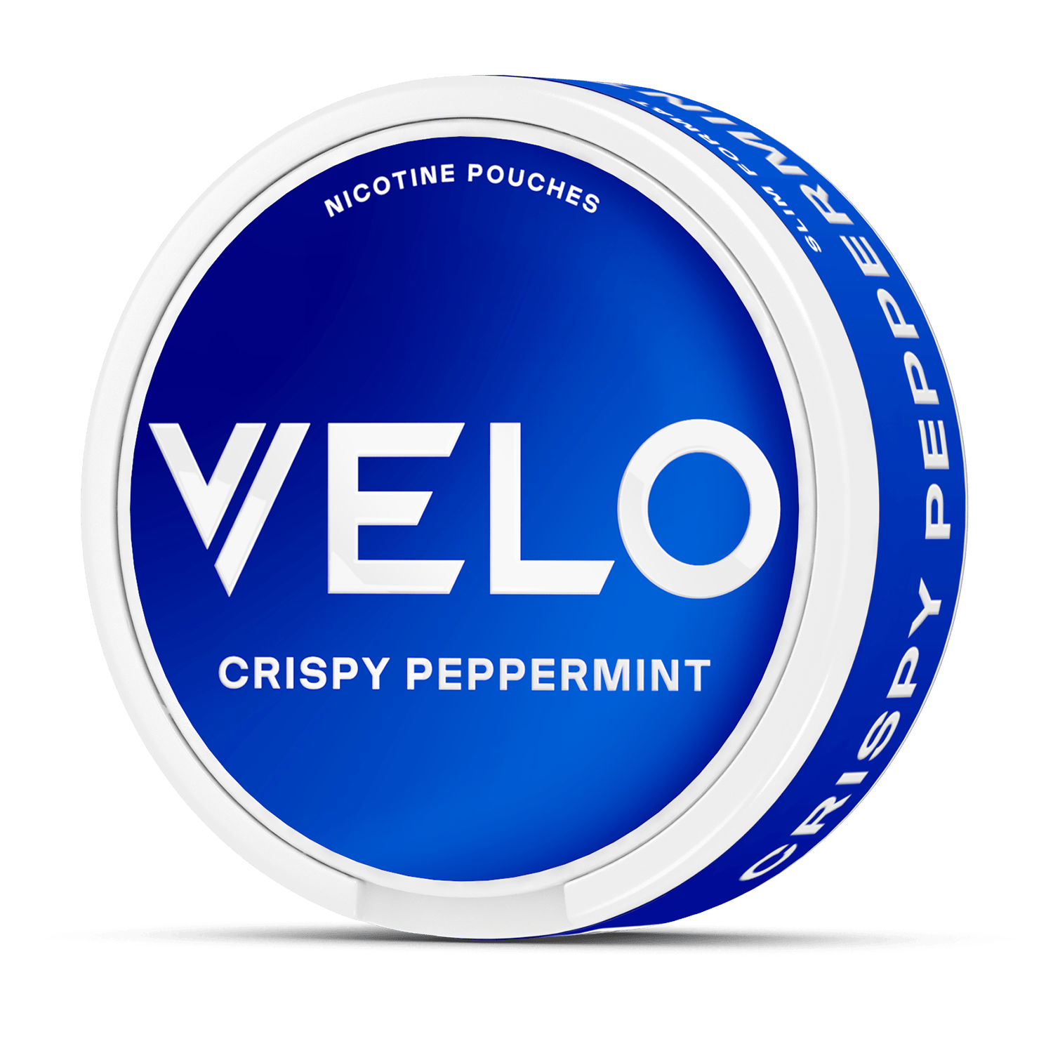 Un envase redondo de bolsitas de nicotina VELO con tapa azul etiquetado "VELO Crispy Peppermint". Elaboradas con ingredientes de alta calidad, estas bolsitas ofrecen el refrescante sabor de Crispy Peppermint.