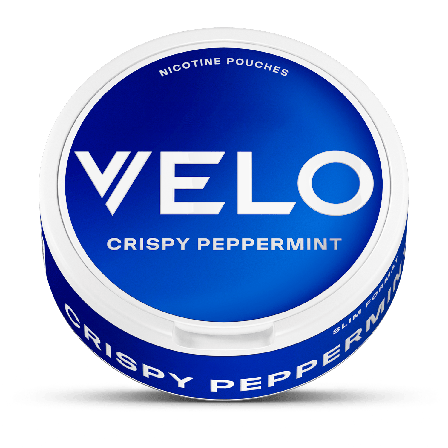 Un envase redondo etiquetado VELO Crispy Peppermint presenta un diseño azul y blanco con "nicotina mentolada" e "ingredientes de alta calidad" en la tapa.