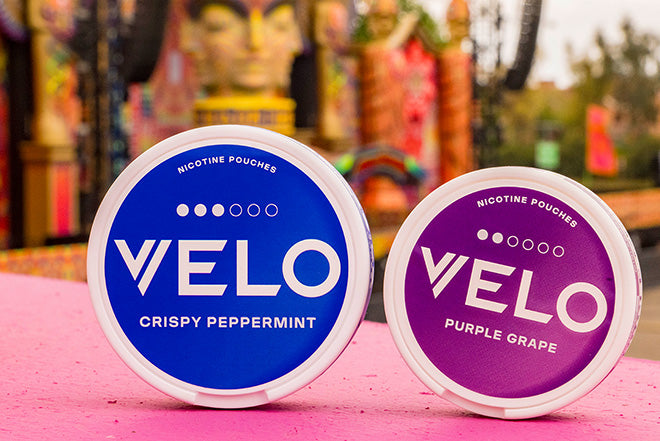 Dos envases redondos de bolsitas de nicotina VELO, uno azul con la etiqueta CRISPY PEPPERMINT y otro morado con la etiqueta PURPLE GRAPE, están colocados sobre una superficie rosa con objetos coloridos y borrosos de fondo.