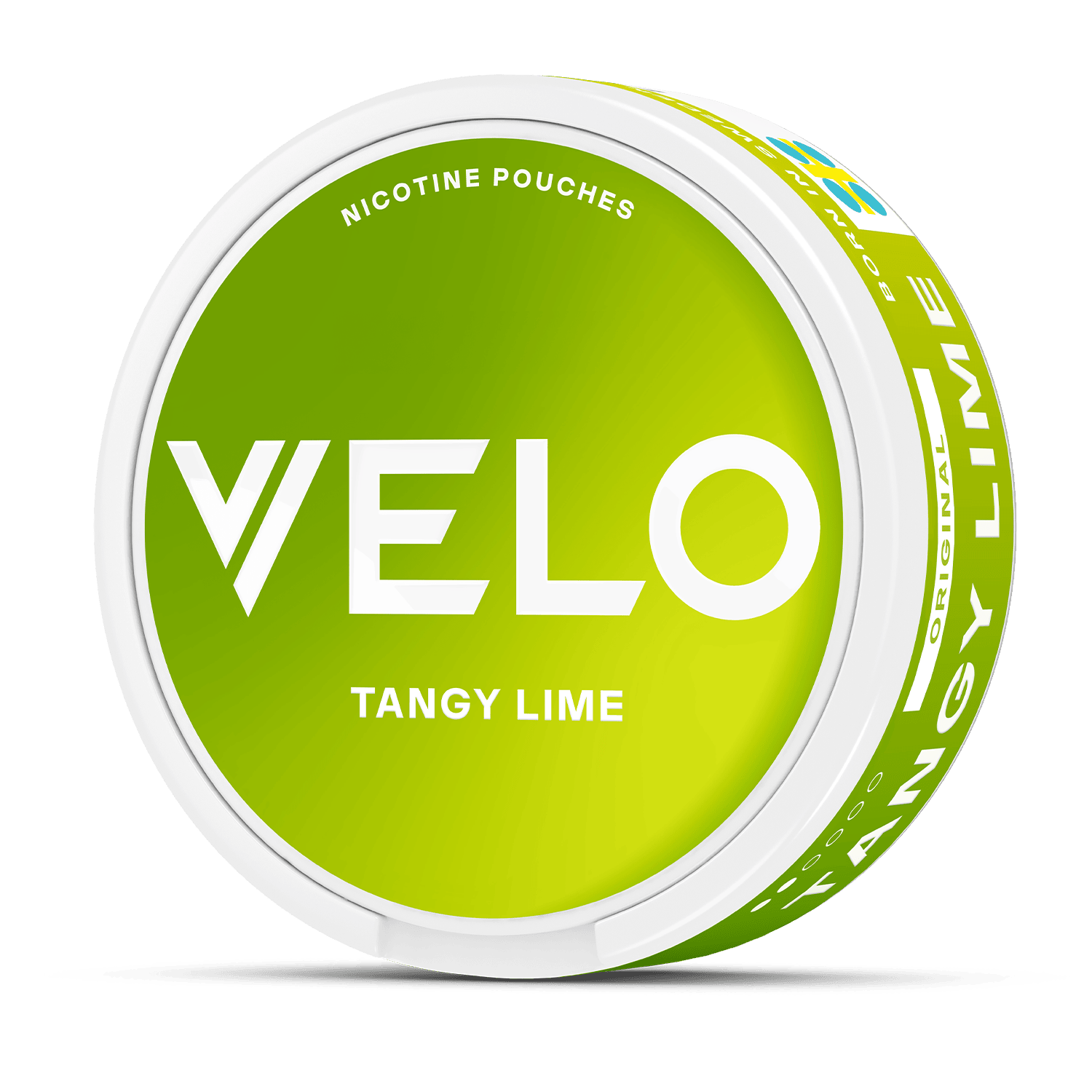 Un envase redondo verde y blanco de VELO con la etiqueta Tangy Lime, con un estampado degradado de lima que resalta su nicotina afrutada de origen vegetal.