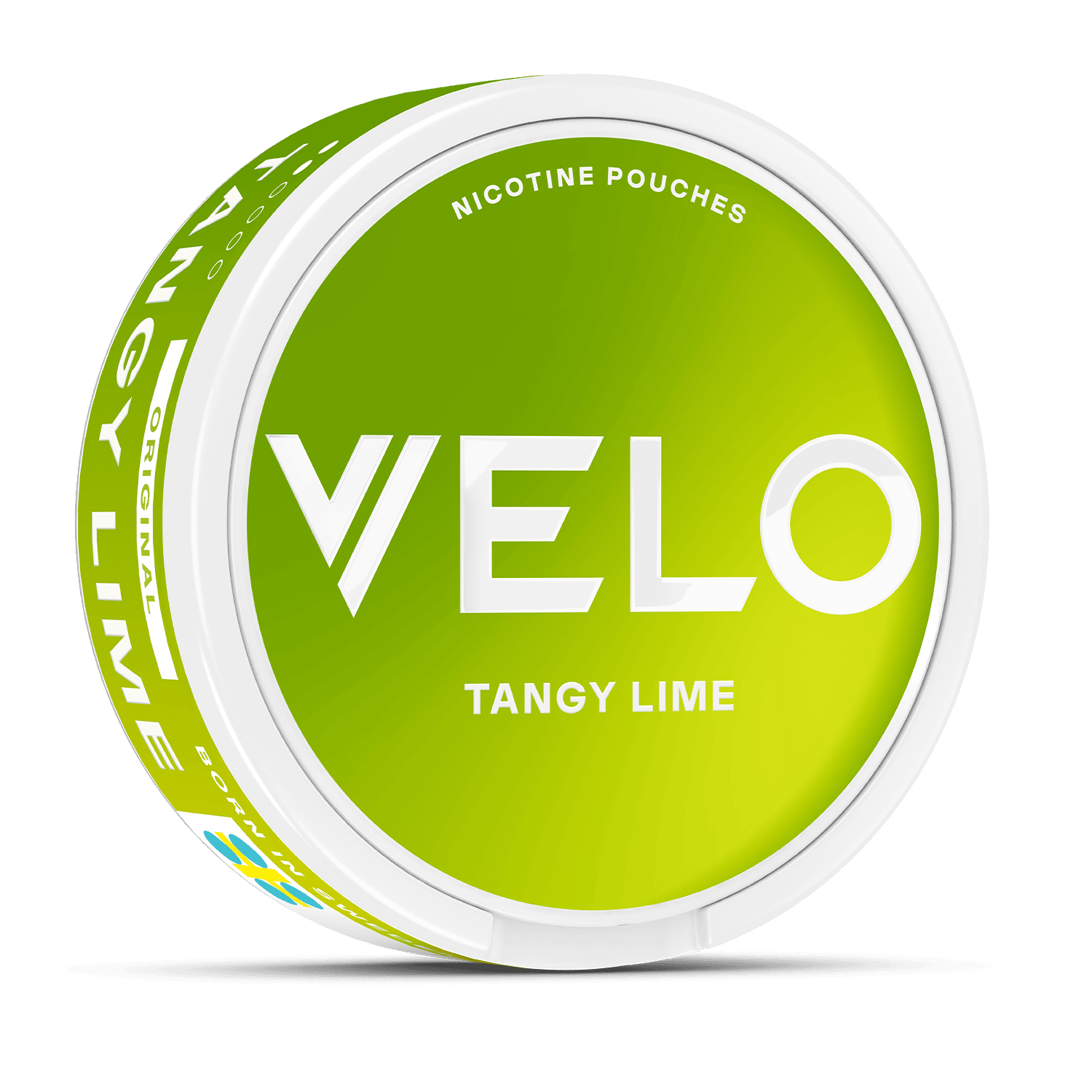 El envase redondo de nicotina VELO Tangy Lime lleva una etiqueta blanca y verde brillante con el nombre del producto y un toque de sabor afrutado a nicotina en la tapa.