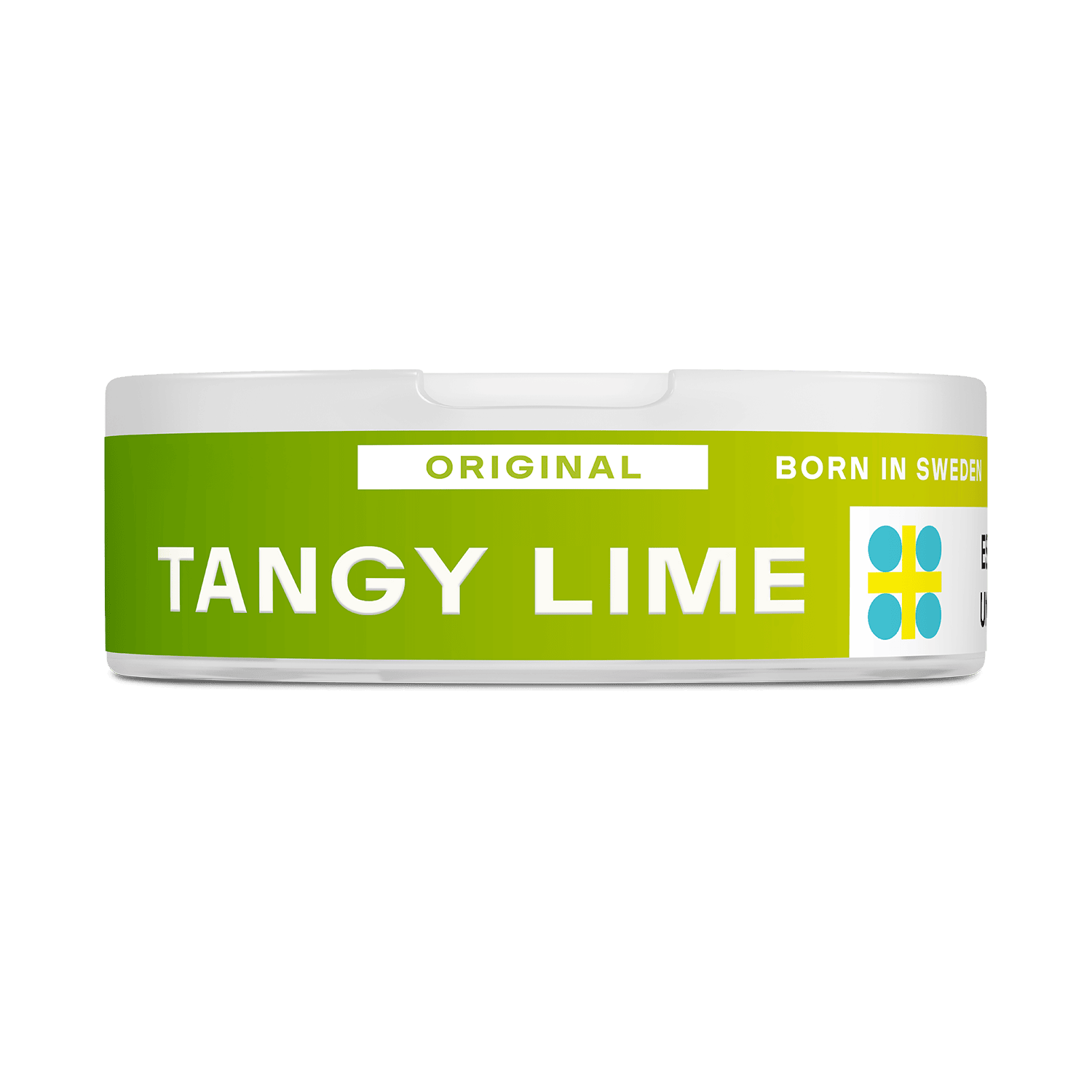 El envase redondo y blanco de VELO lleva una etiqueta verde con la leyenda "ORIGINAL TANGY LIME", que destaca su nicotina afrutada. En la etiqueta figura "BORN IN SWEDEN" y un logotipo geométrico azul y amarillo.