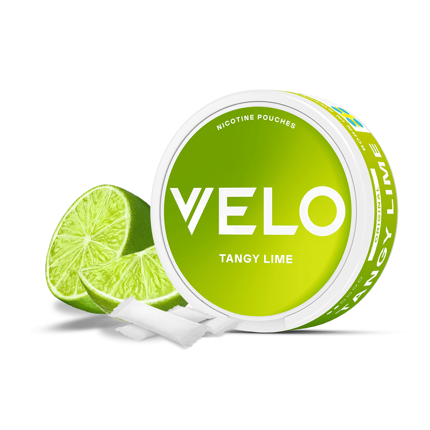 Un envase redondo verde de VELO Tangy Lime con texto en blanco y en negrita aparece junto a dos mitades de lima y dos bolsitas blancas sobre fondo blanco, destacando su nicotina afrutada y su origen vegetal.