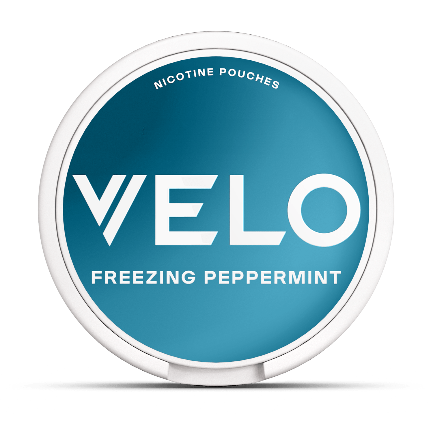 El envase redondo VELO Freezing Peppermint, de color verde azulado, muestra un llamativo texto en blanco y ofrece refrescantes bolsitas de nicotina mentolada elaboradas con ingredientes de alta calidad para una intensa experiencia de sabor a menta.
