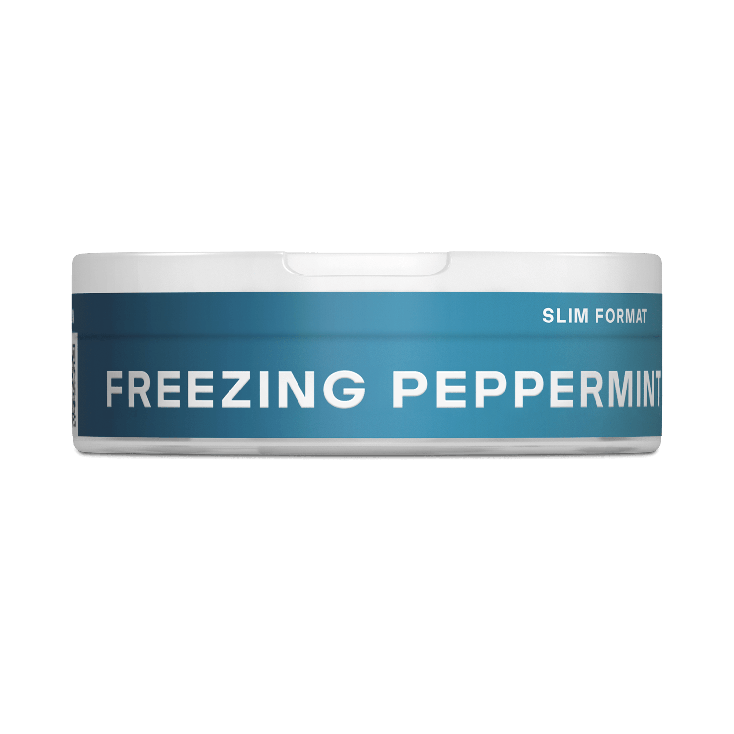 Un envase VELO redondo y blanco con una etiqueta azul "FREEZING PEPPERMINT" y "SLIM FORMAT" en texto blanco se muestra de perfil sobre un fondo blanco liso, resaltando su intenso sabor a menta.