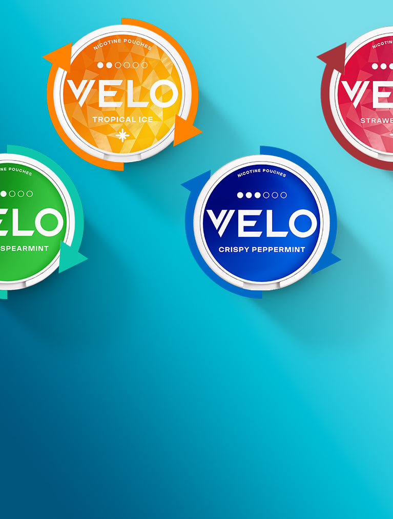 Sobre un fondo azul degradado se muestran cuatro envases redondos de nicotina VELO (verde, amarillo, azul y rojo), cada uno de ellos etiquetado con un sabor diferente: Menta verde, Tropical Ice, Menta crujiente y Fresa.