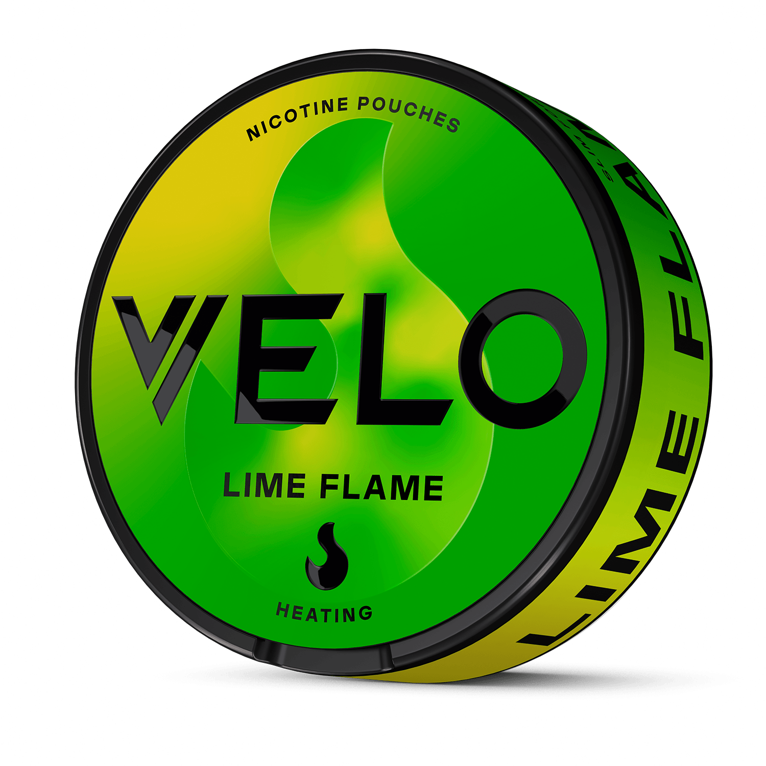 Un envase redondo de VELO Lime Flame presenta un degradado verde-amarillo, texto negro en negrita, un icono de una llama y palabras como "NICOTINE POUCHES" y "HEATING" en la parte frontal. Destaca ingredientes de alta calidad.