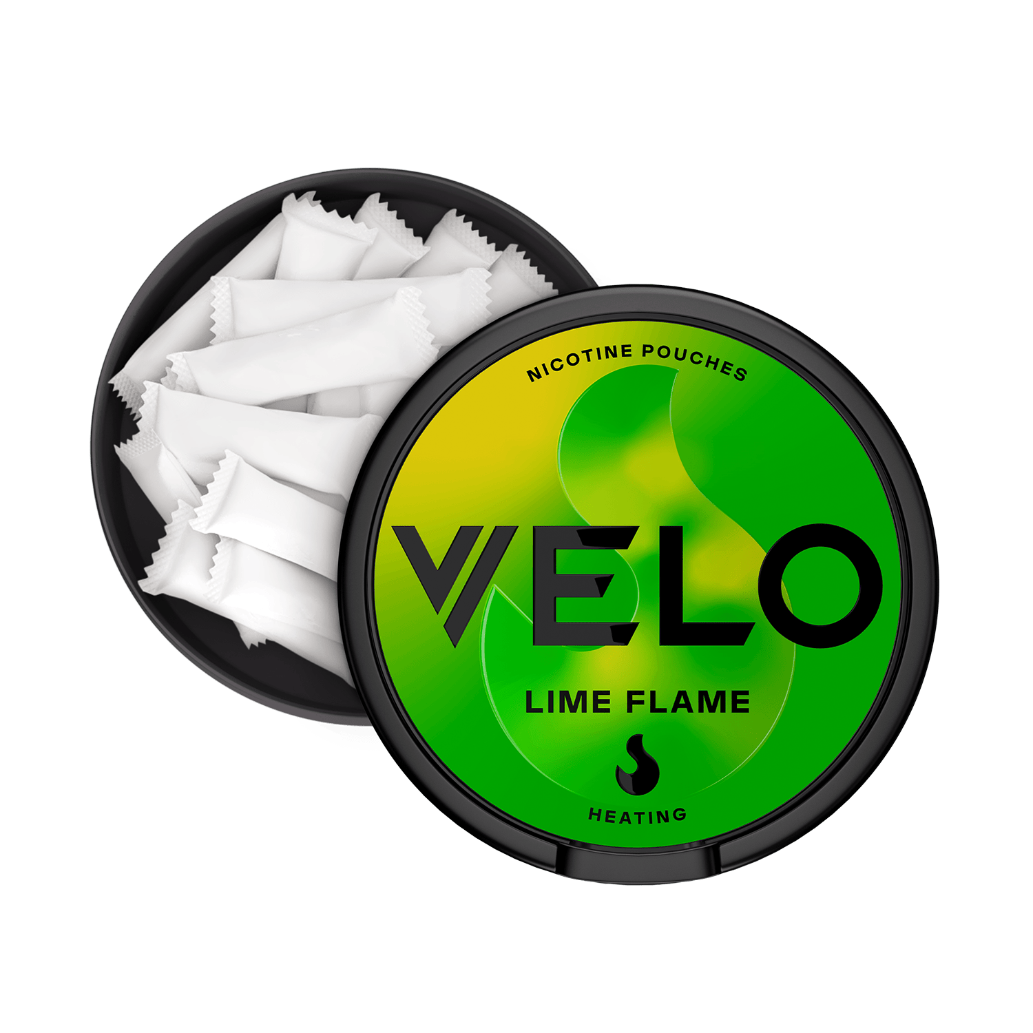 Un envase redondo VELO Lime Flame parcialmente abierto muestra bolsitas blancas en su interior. La tapa verde y amarilla muestra texto en negrita, un icono de llama y destaca los ingredientes de alta calidad.