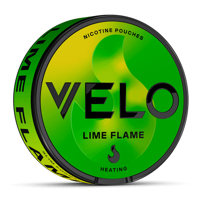 VELO Lime Flame es un envase redondo de bolsitas de nicotina con un diseño en degradado verde y amarillo, texto CALIENTE debajo de un icono de llama, elaborado con ingredientes de alta calidad para una experiencia sensorial de nicotina.