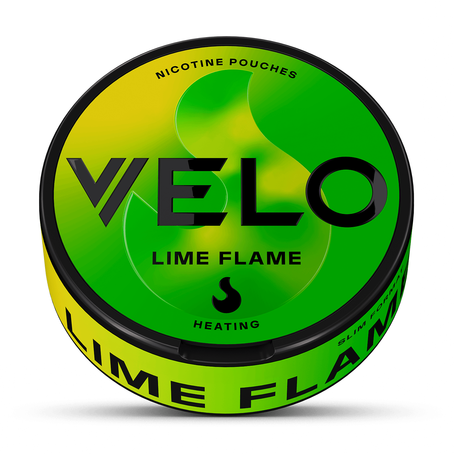 Un envase VELO redondo de color verde y amarillo con la etiqueta Lime Flame lleva la inscripción "Nicotine Pouches & Heating" en la tapa y "Lime Flame" en letras negras en negrita en el lateral.