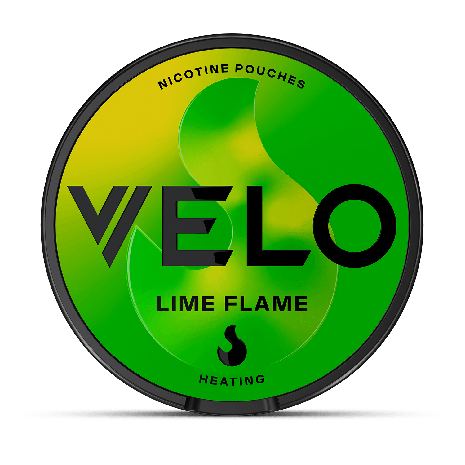 El envase redondo VELO Lime Flame presenta un degradado verde y amarillo, con la tapa que muestra "Nicotine Pouches", "Heating" y el icono de una llama, destacando la nicotina sensorial y los ingredientes de alta calidad.