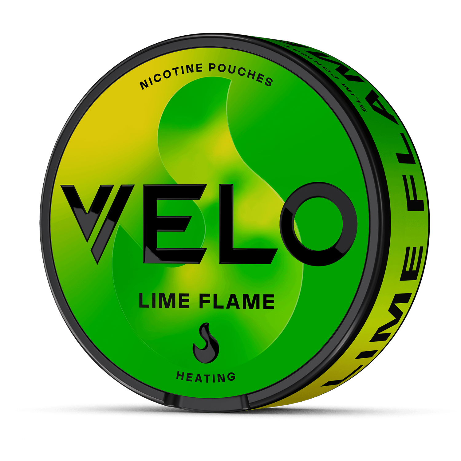 Una lata redonda de VELO Lime Flame presenta un degradado verde y amarillo, texto negro en negrita, el icono de una llama y las palabras NICOTINE POUCHES y HEATING en la etiqueta frontal.