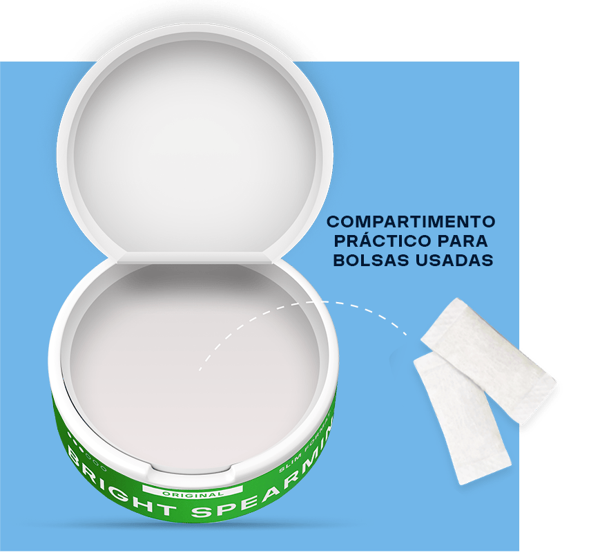 Recipiente circular abierto con un compartimento dividido. A su lado aparecen dos paquetes blancos. El texto en español dice: Compartimento práctico para bolsas usadas.