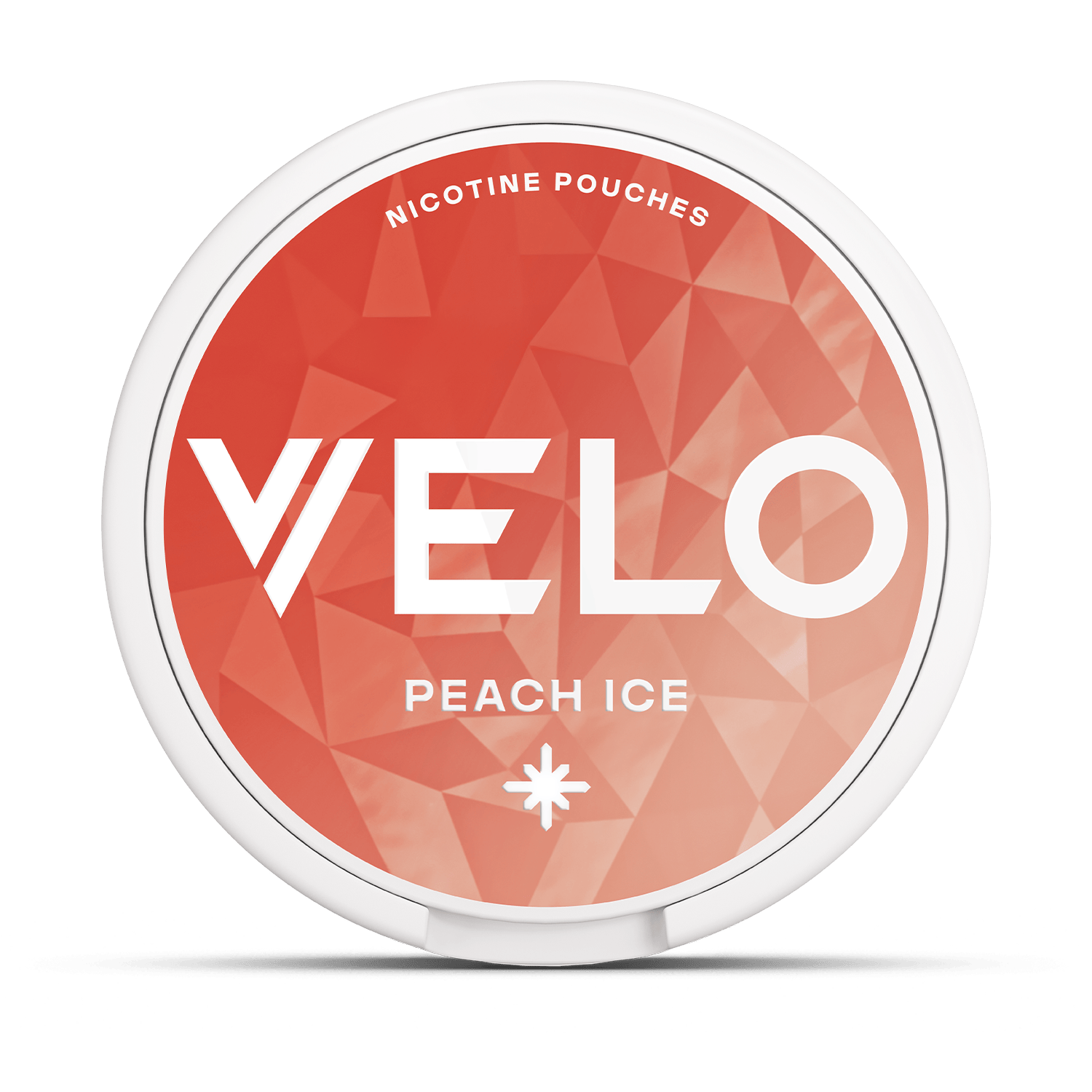 Un envase redondo blanco con una etiqueta geométrica rojo-naranja reza VELO Peach Ice Nicotine Pouches, ofreciendo una refrescante experiencia de nicotina con jugoso sabor a melocotón.
