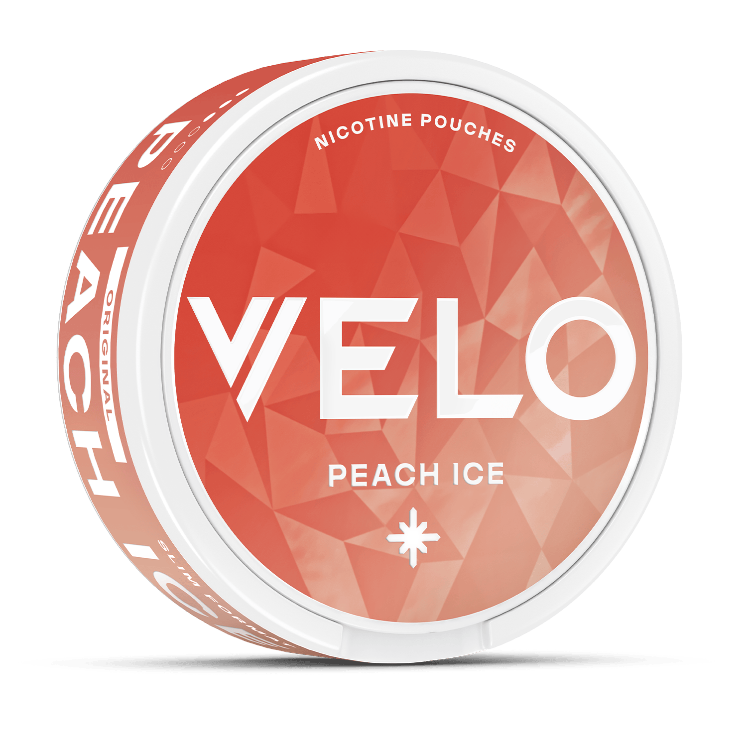 El envase redondo y blanco de VELO Peach Ice lleva una etiqueta geométrica naranja-melocotón con un audaz texto en blanco, que ofrece una refrescante experiencia de nicotina con jugoso sabor a melocotón.