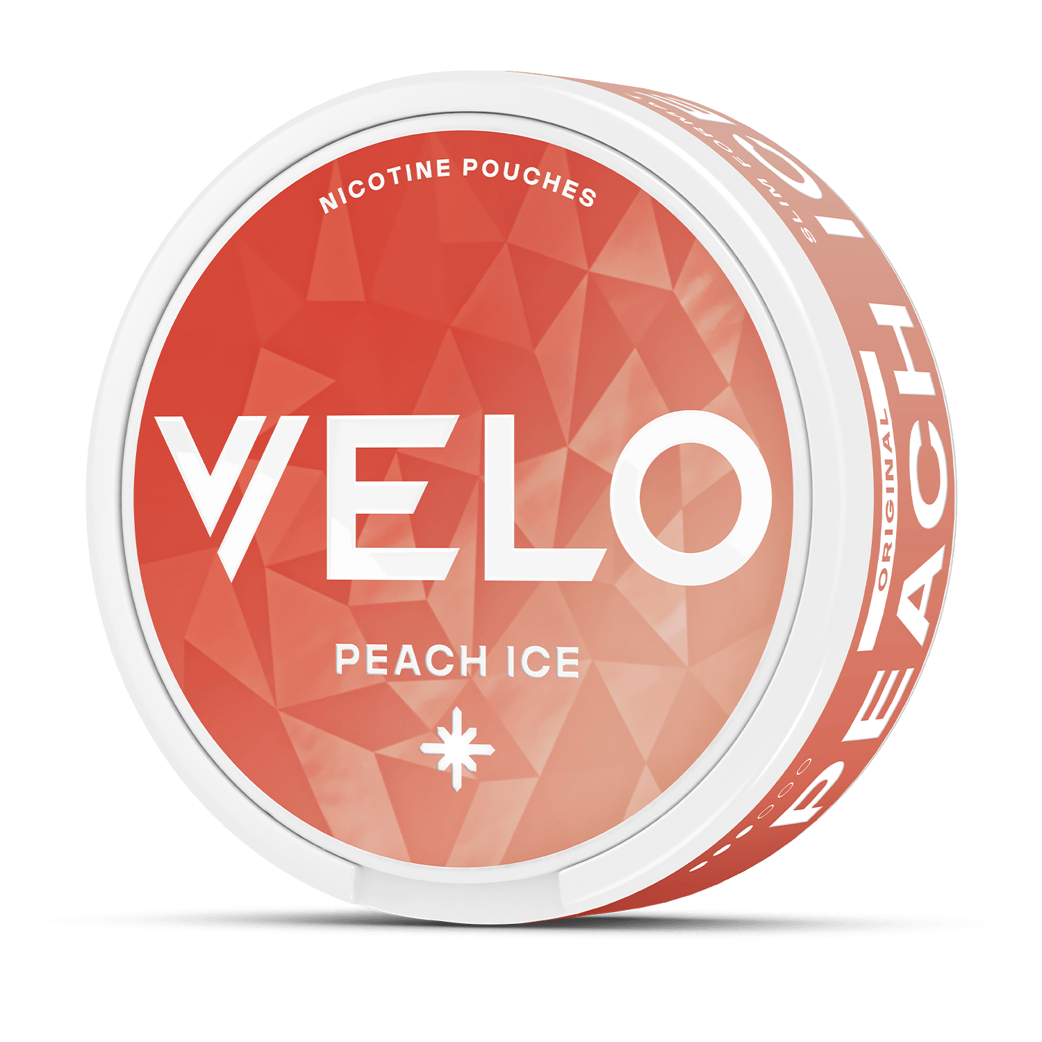 Una lata redonda de VELO Peach Ice presenta un diseño geométrico naranja con texto blanco en negrita, que exhibe la marca y el sabor, y ofrece una refrescante experiencia de nicotina con el sabor de melocotones jugosos.