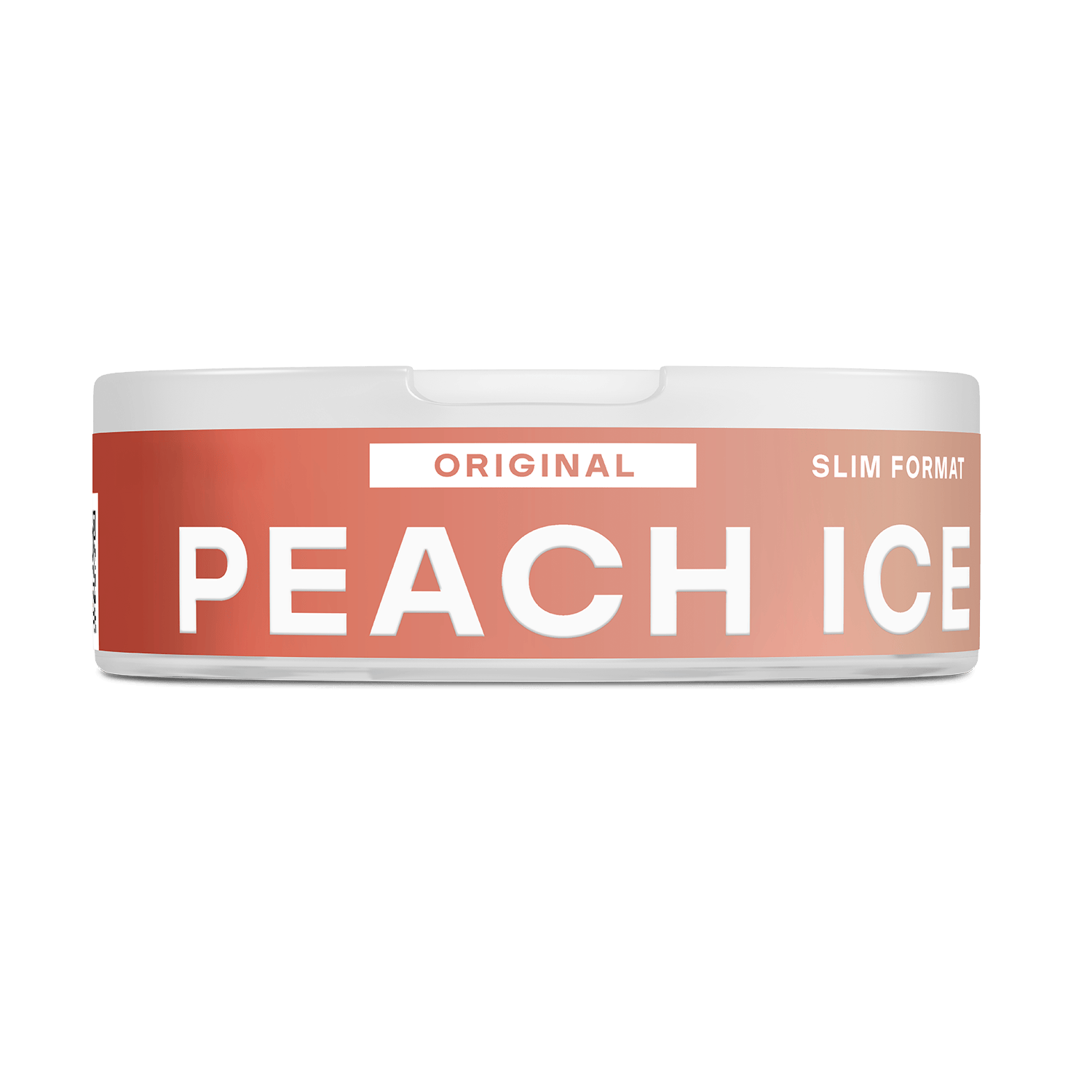 Una lata VELO redonda y blanca con una etiqueta de melocotón en la que se lee "ORIGINAL PEACH ICE SLIM FORMAT" ofrece una refrescante experiencia de nicotina Peach Ice que recuerda a los jugosos melocotones.