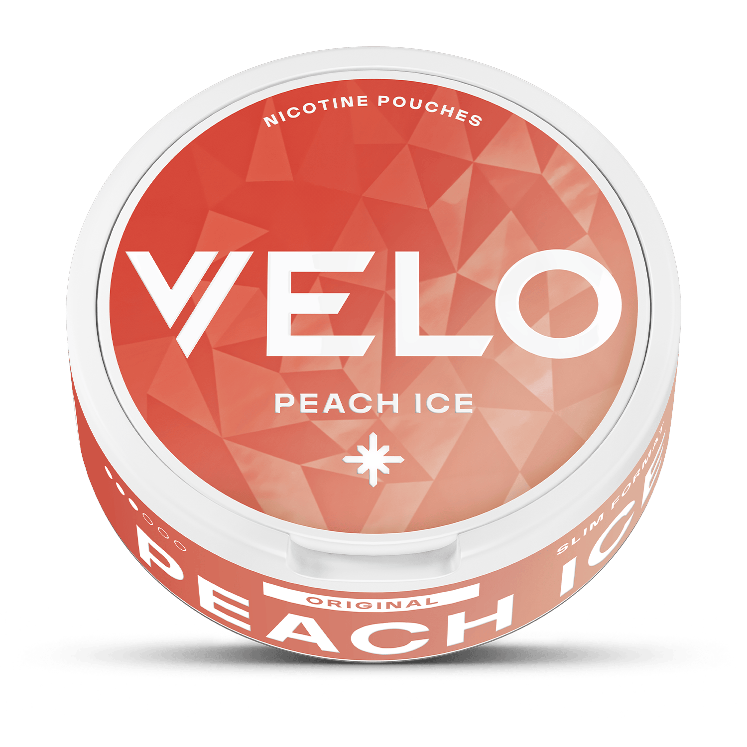 Envase redondo blanco de nicotina VELO Peach Ice con tapa geométrica naranja, etiquetado "VELO" y "Peach Ice"-ideal para una experiencia refrescante de nicotina con sabor a melocotón jugoso.