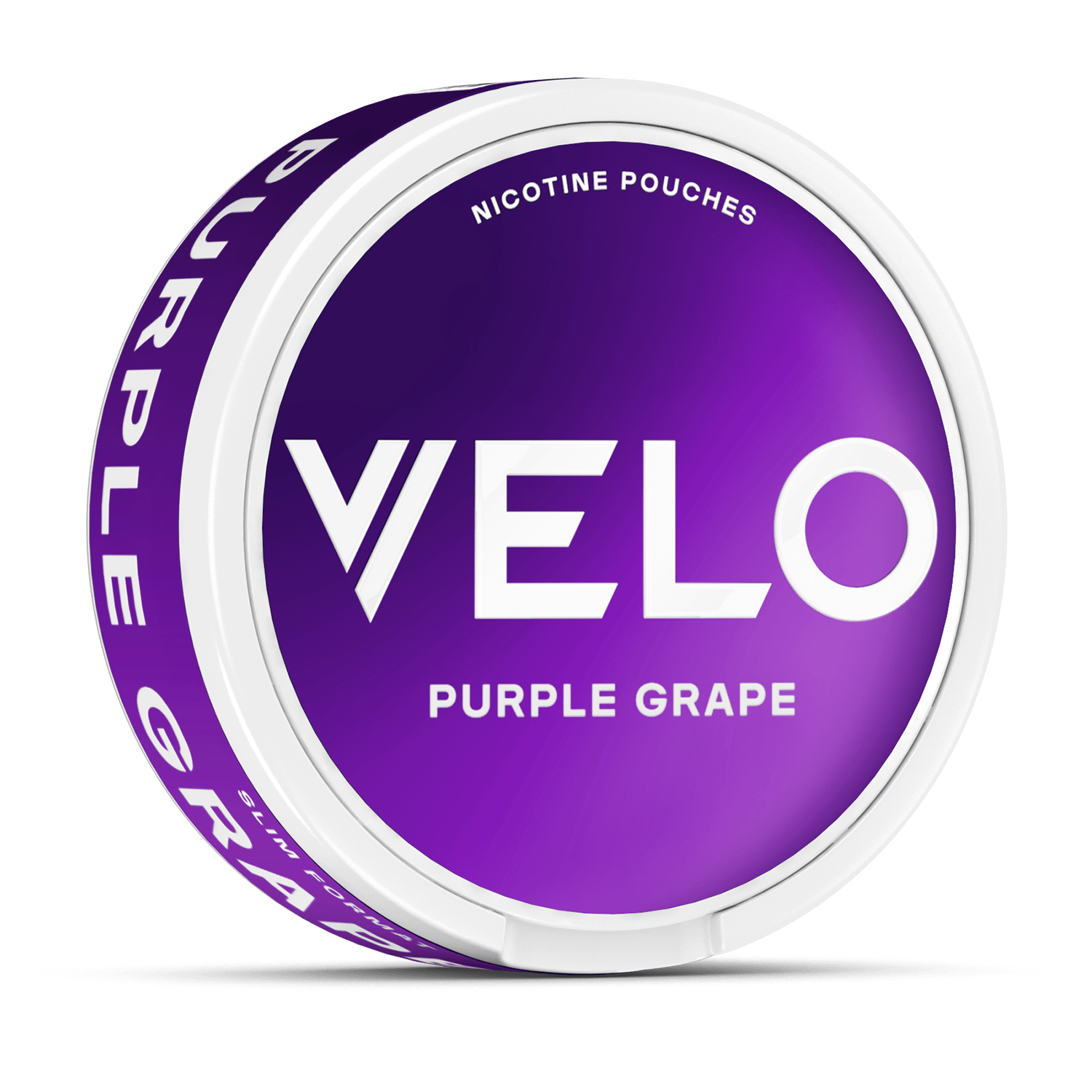 Un envase VELO redondo y blanco con la etiqueta "Purple Grape" y tapa morada. En la parte superior aparece "NICOTINE POUCHES" y bajo el llamativo logotipo de VELO se lee "PURPLE GRAPE", que muestra su sabor afrutado a nicotina y dulce a uva.