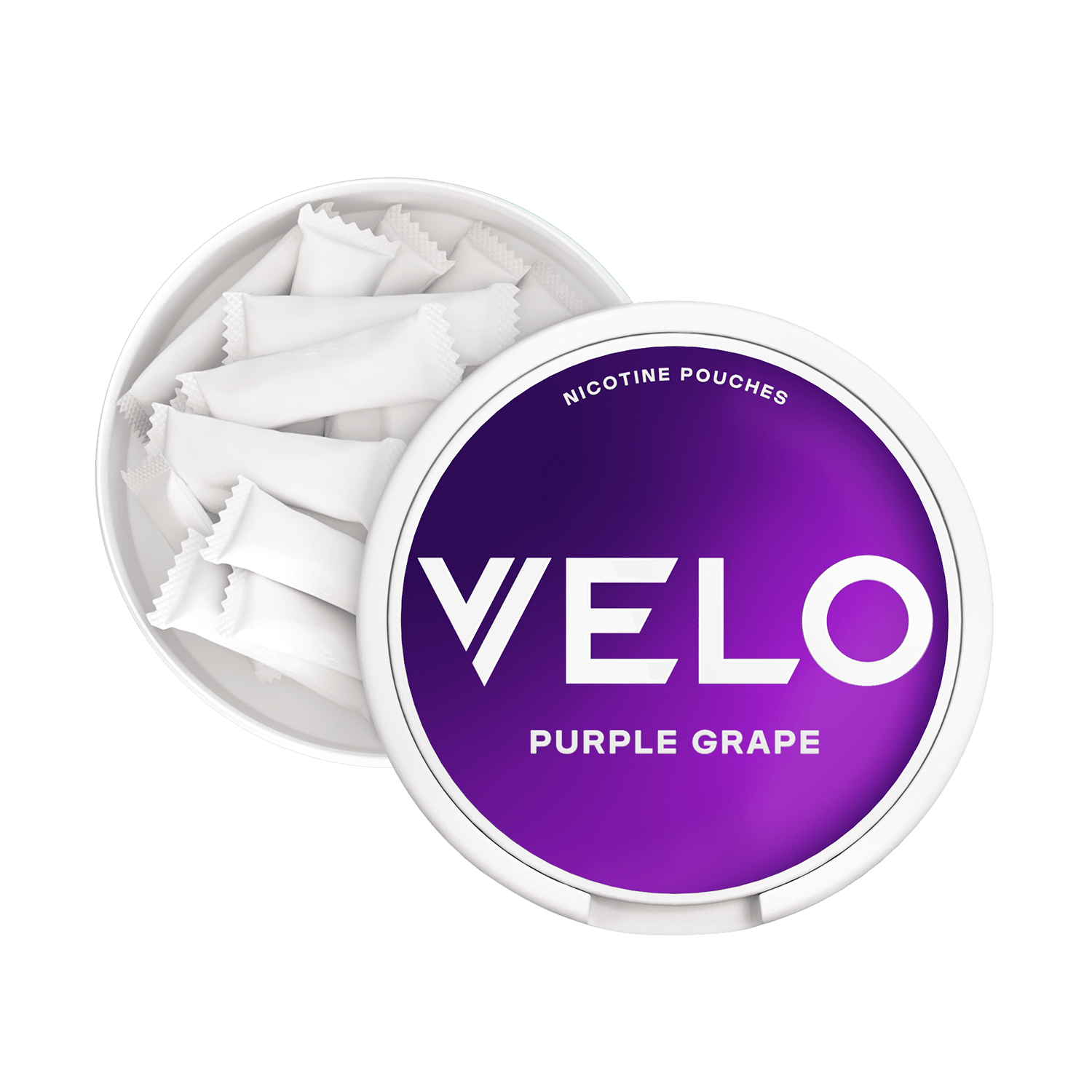 Un envase redondo y blanco de VELO Purple Grape con la tapa ligeramente abierta, mostrando bolsitas blancas en su interior. La tapa morada y blanca resalta su nicotina afrutada y su dulce sabor a uva.
