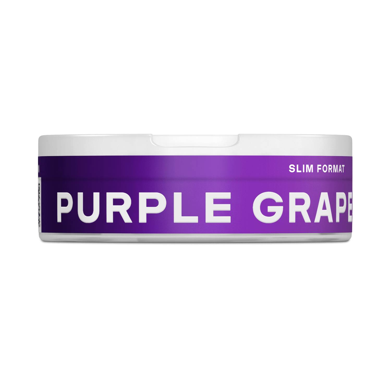 Un envase blanco redondo con una etiqueta morada con "Purple Grape" en letras blancas y llamativas, la marca VELO y aspectos destacados de su sabor a uva dulce y formato delgado en el lado derecho.
