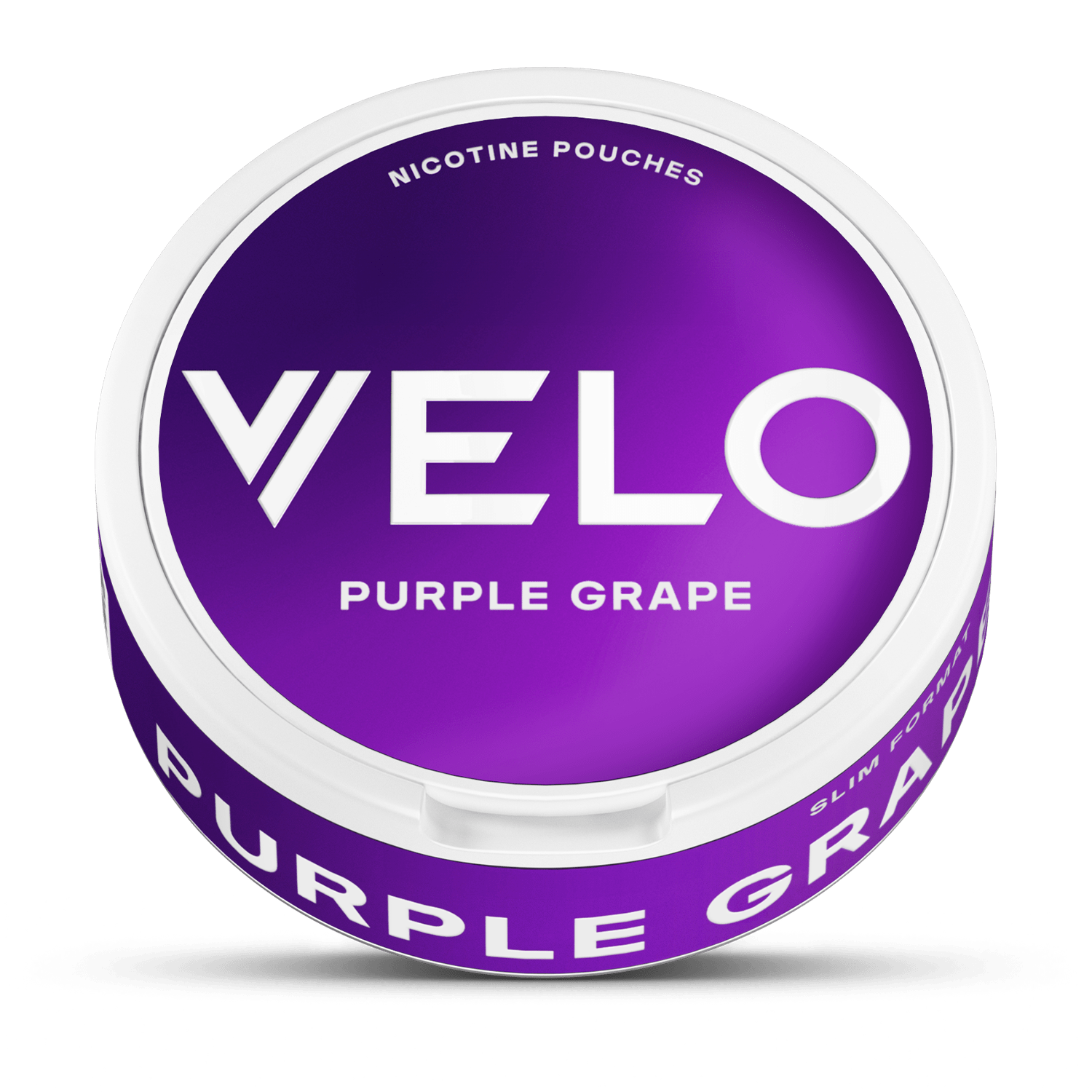 El envase VELO Purple Grape es redondo con tapa morada y "Nicotine Pouches" en texto blanco, con ingredientes de alta calidad y un irresistible sabor a uva dulce, resaltado como Purple Grape en el lateral.