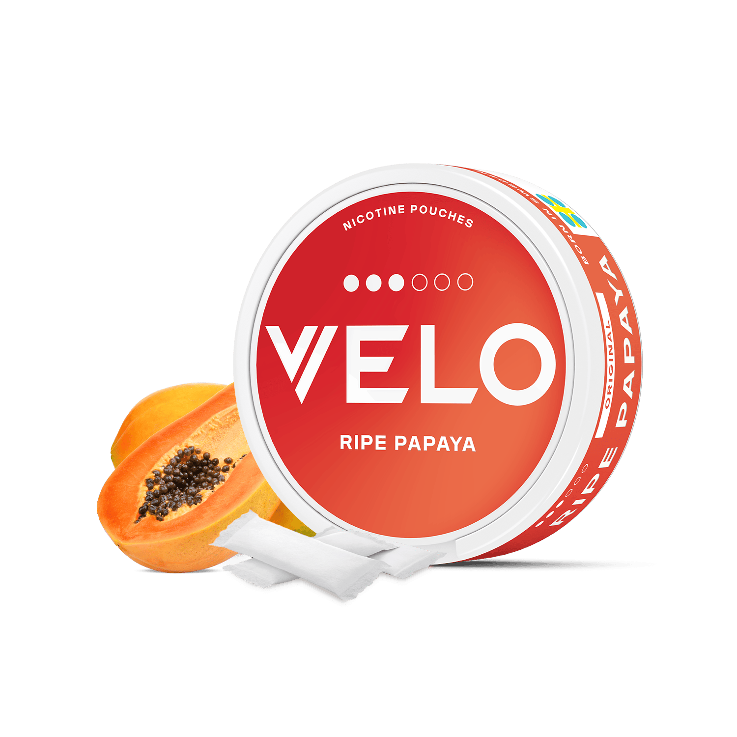 Un envase redondo de bolsitas de nicotina VELO Papaya Madura se muestra con dos bolsitas delante y una papaya en rodajas al lado, destacando su sabor tropical sobre un fondo blanco.
