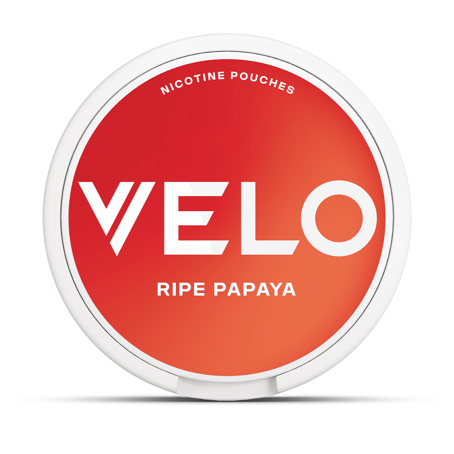 Un envase redondo blanco con una tapa rojo-naranja etiquetado VELO Papaya Madura, que contiene sobres de nicotina para una experiencia de sabor afrutado y tropical.