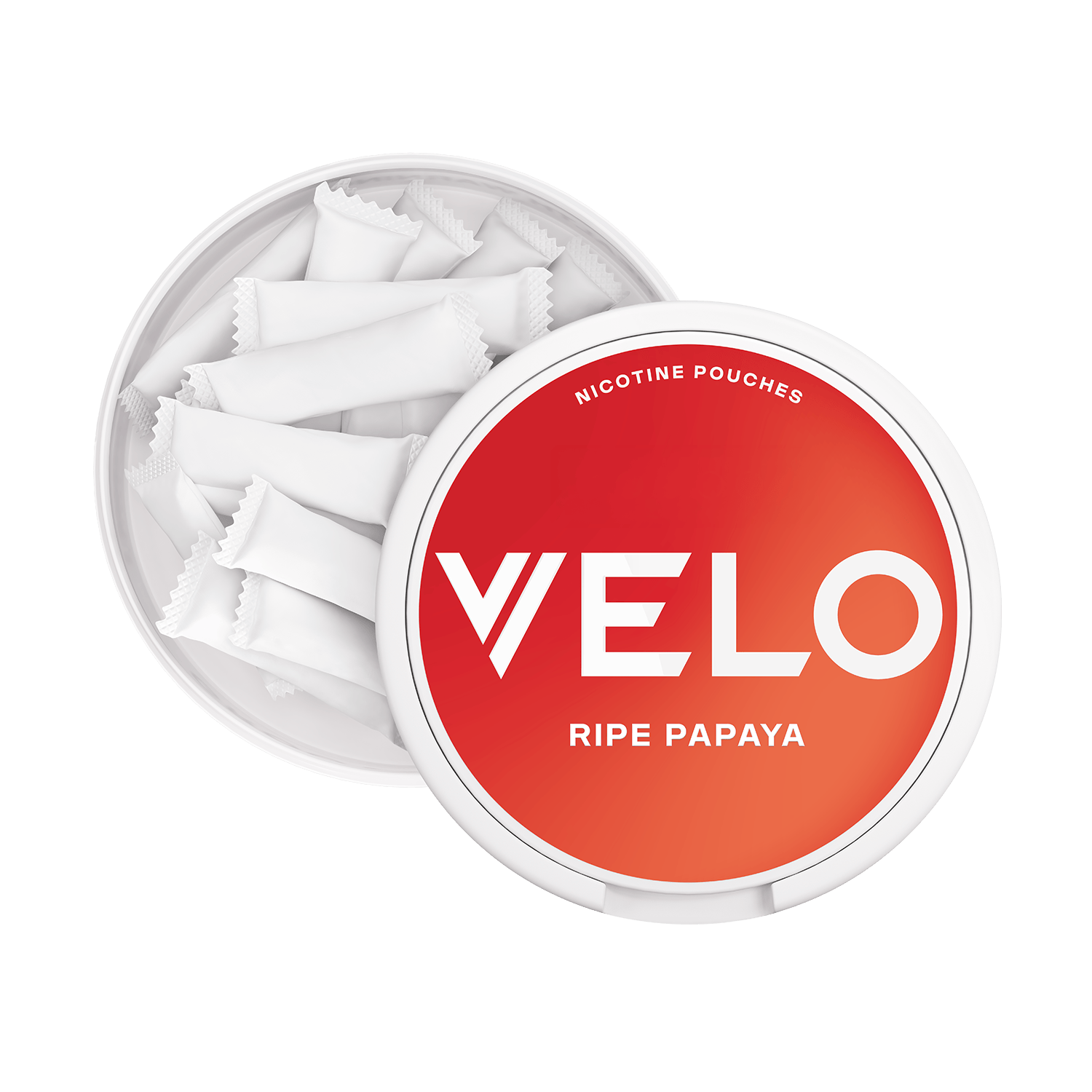 Un envase redondo de color blanco con una tapa de color rojo-naranja etiquetado VELO Papaya Madura, parcialmente abierto para revelar bolsitas de nicotina rectangulares en el interior, ofrece un sabor tropical y una experiencia de nicotina afrutada.