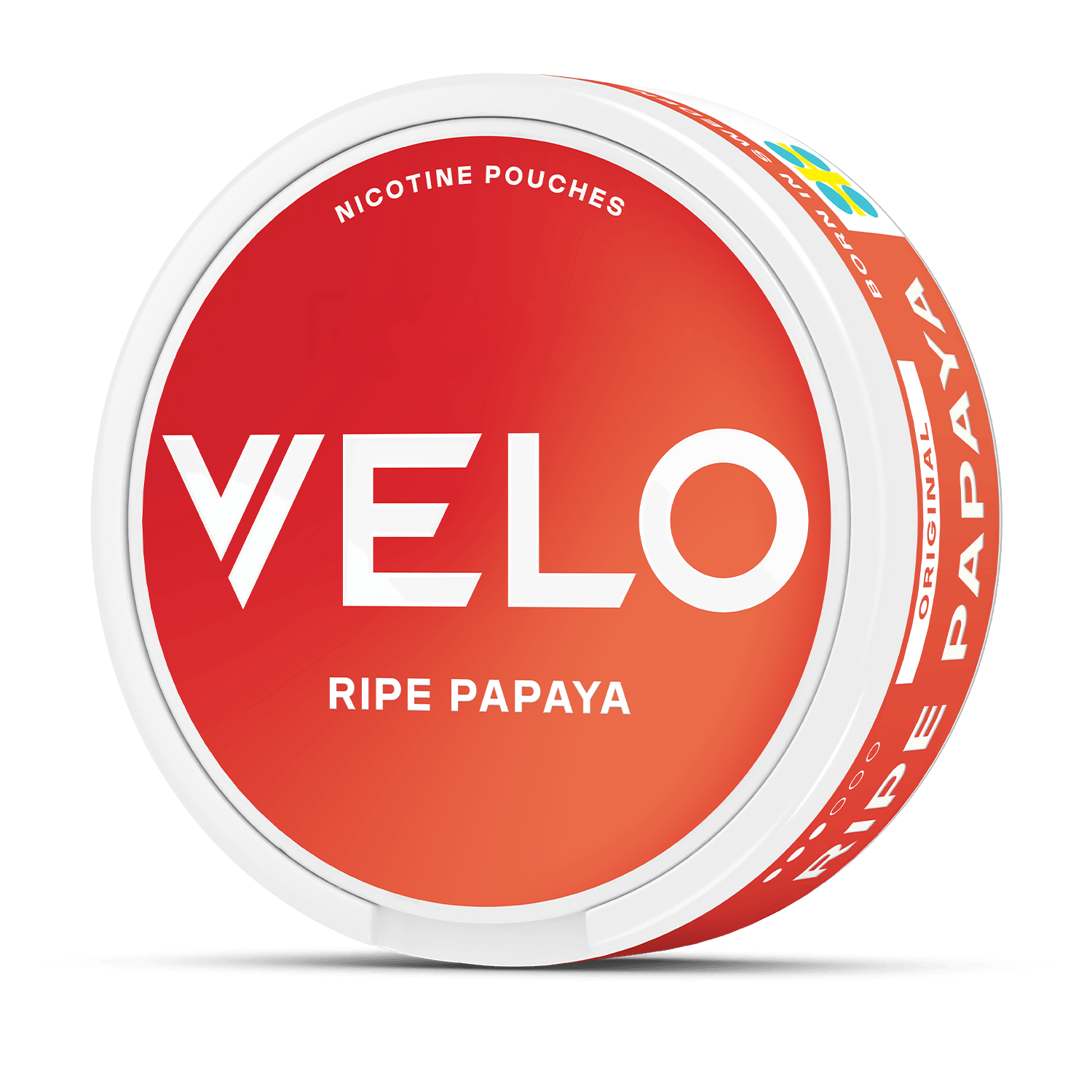 Las bolsitas de nicotina VELO Papaya Madura vienen en un envase redondo con un diseño rojo y blanco, ofreciendo nicotina afrutada y un refrescante sabor tropical.