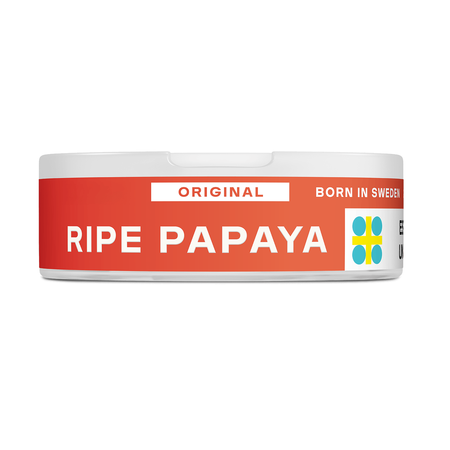 Un envase VELO redondo y blanco con una etiqueta roja en la que se lee "Papaya madura" y "Nacido en Suecia", además de un logotipo geométrico azul y amarillo, ofrece nicotina afrutada a los aficionados al sabor tropical de la papaya madura.